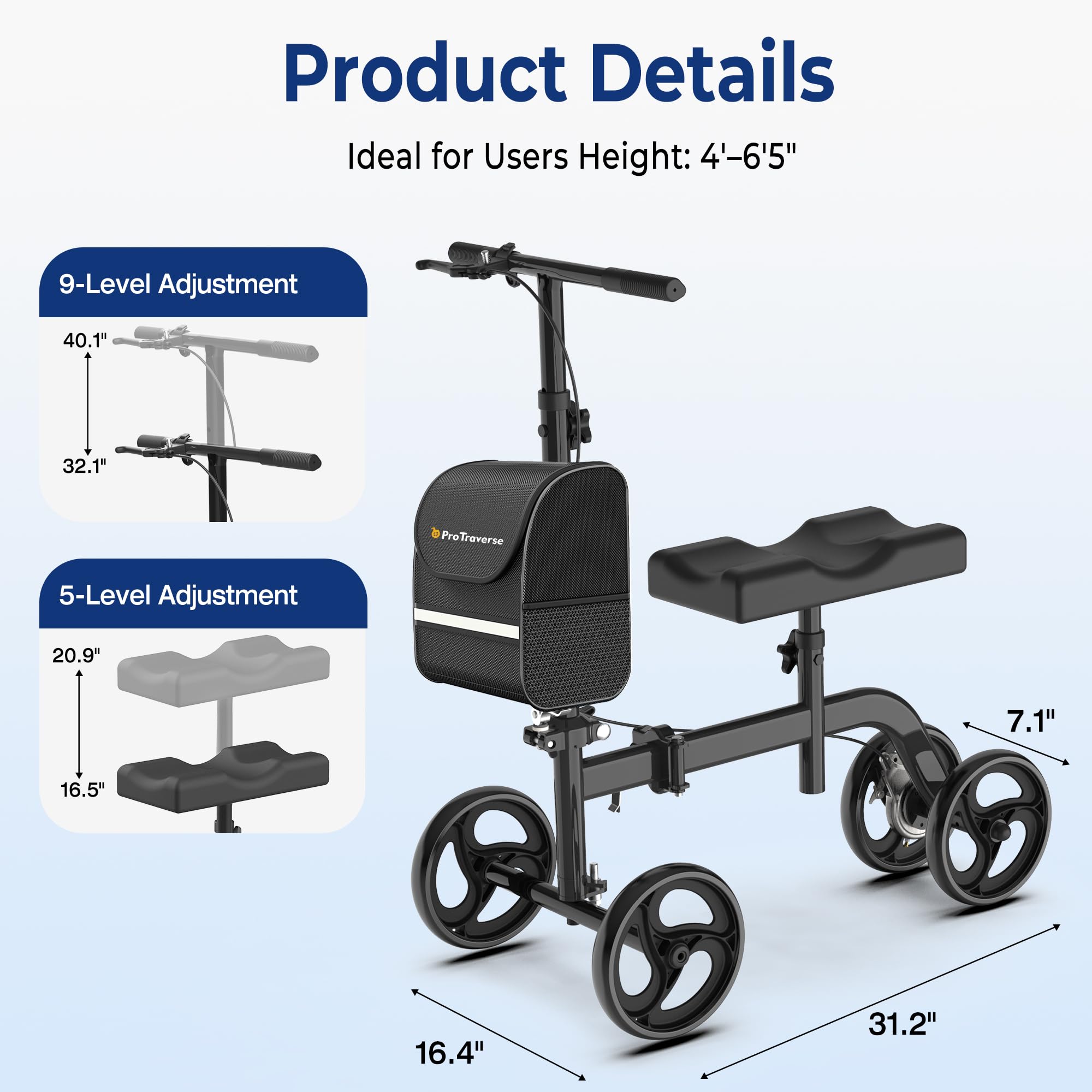 ProTraverse Knee Scooter for Adults, Foldable & Steerable Knee Walker with Comfort Knee Pad, Crutch Alternative for Adults，Medical Mobility Aid for Foot Surgery, Broken Foot & Ankle Injury,Black