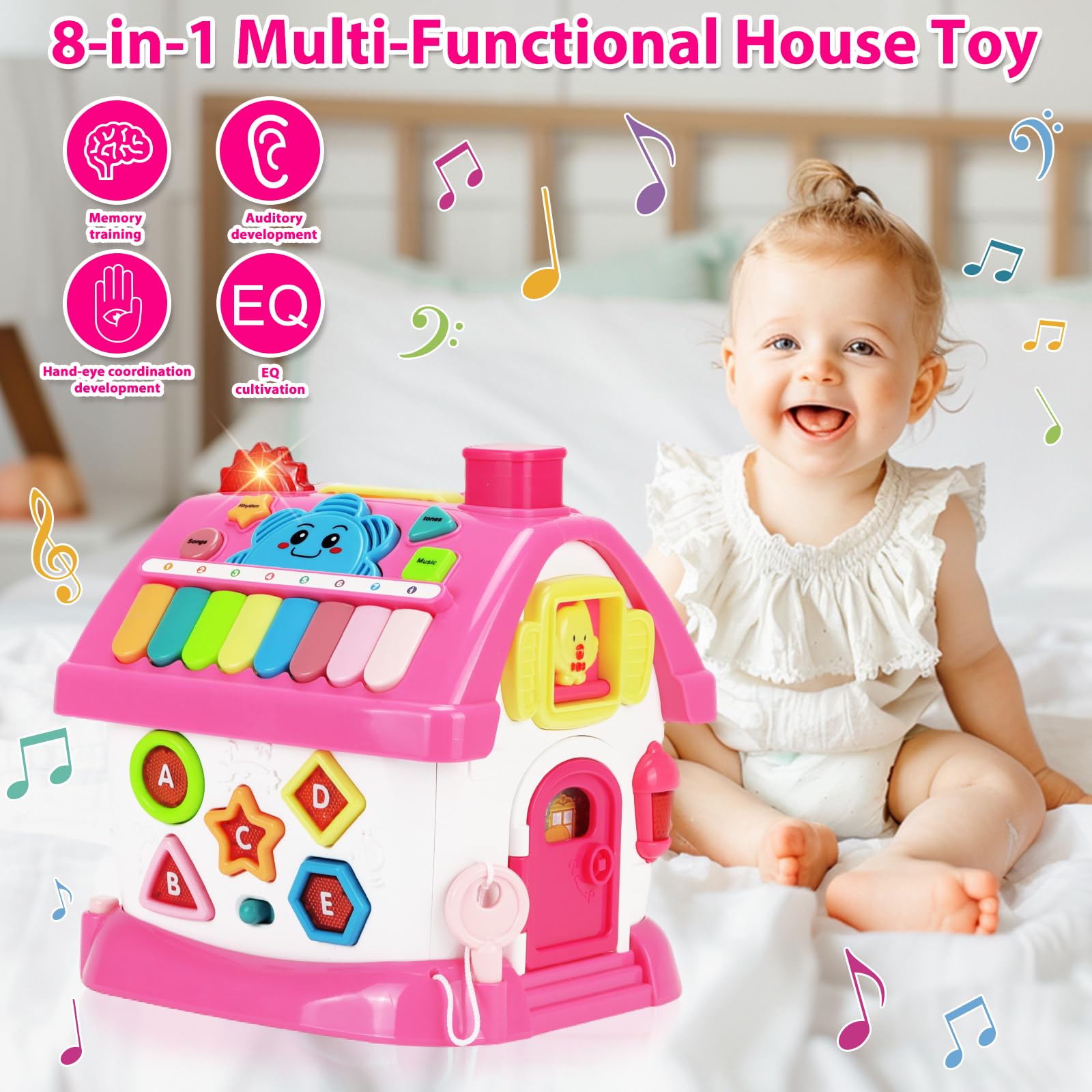 Aitbay Toys for 1 Year Old Girl Gifts: Baby Musical Toys 6-12 12-18 Months 8-in-1 Multi-Functional House - Montessori Educational Toys for Toddlers 1-3 - First Christmas 1st Birthday Gifts