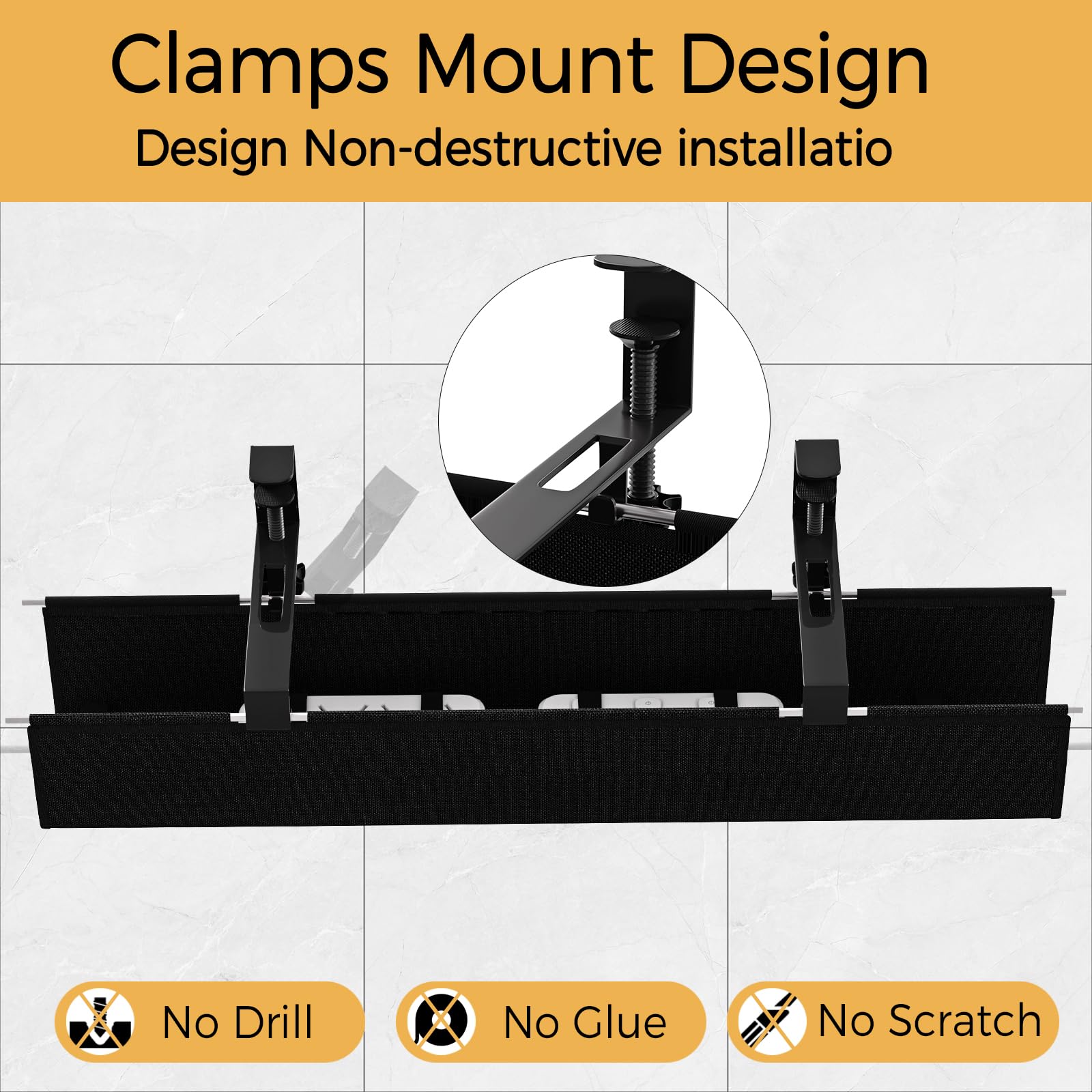 Under Desk Cable Management Tray - 27.2'' Desk Cord Organizer Clamp-on Computer Wire Organizer Cable Tray No Drill, with 16X Cable Ties Hide PC Cable Management for Office/Home,Fabric Desk Cord Holder