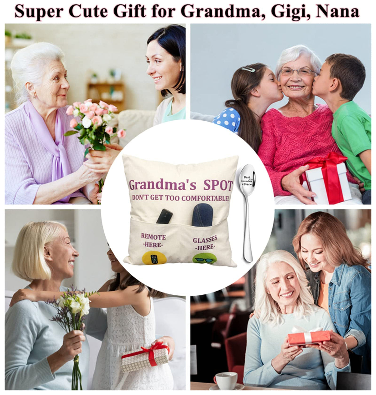 ZUYUROU Grandma Gifts, 2-Pocket Grandma’s Spot Throw Pillow Covers 18x18 Inch + Engraved Spoon, Birthday Christmas hanksgiving Day Gifts for Grandma Mom Gigi Nana Mimi