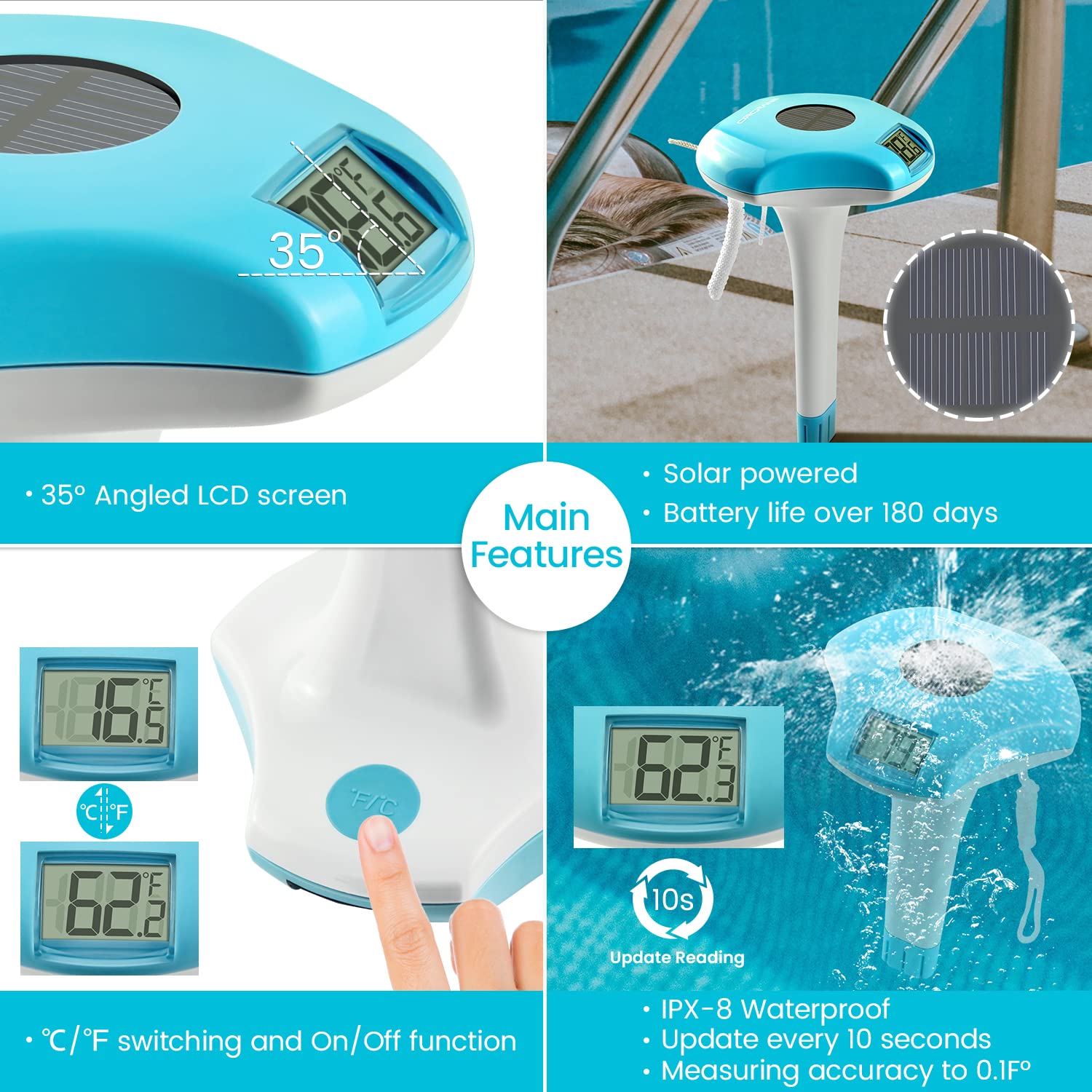 Circrane Solar Digital Pool & Spa Thermometer, Weather Resistant Floating Thermometer, IPX-8 Water Proof, 10s Measuring Cycle, Solar Powered with 270 Days Battery Life, Blue