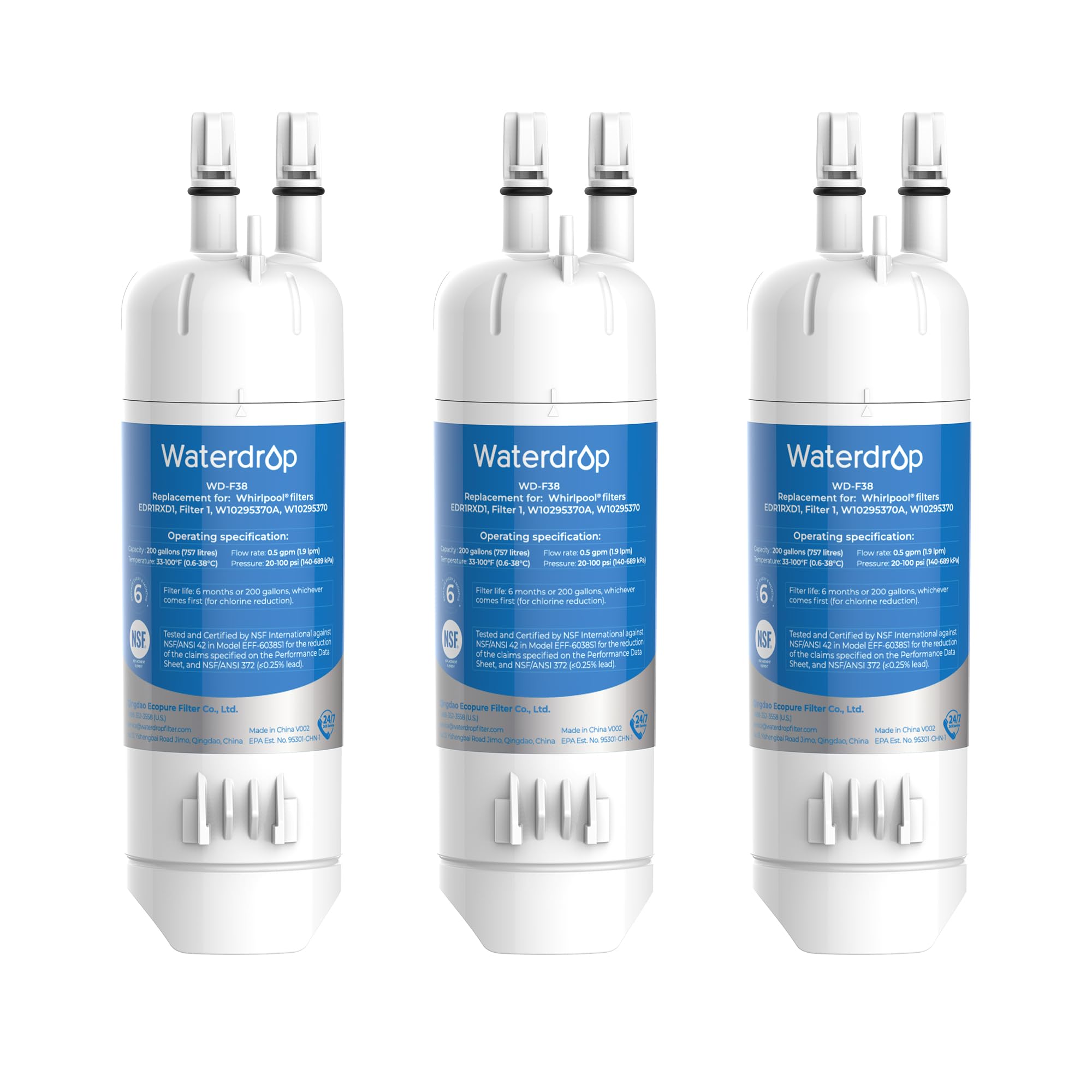 Waterdrop EDR1RXD1 Replacement for Everydrop® Filter 1, Whirlpool® W10295370A, EDR1RXD1B, P8RFWB2L, P4RFWB, WD-F38, Kenmore® 46-9081, 46-9930 Refrigerator Water Filter, 3 Pack