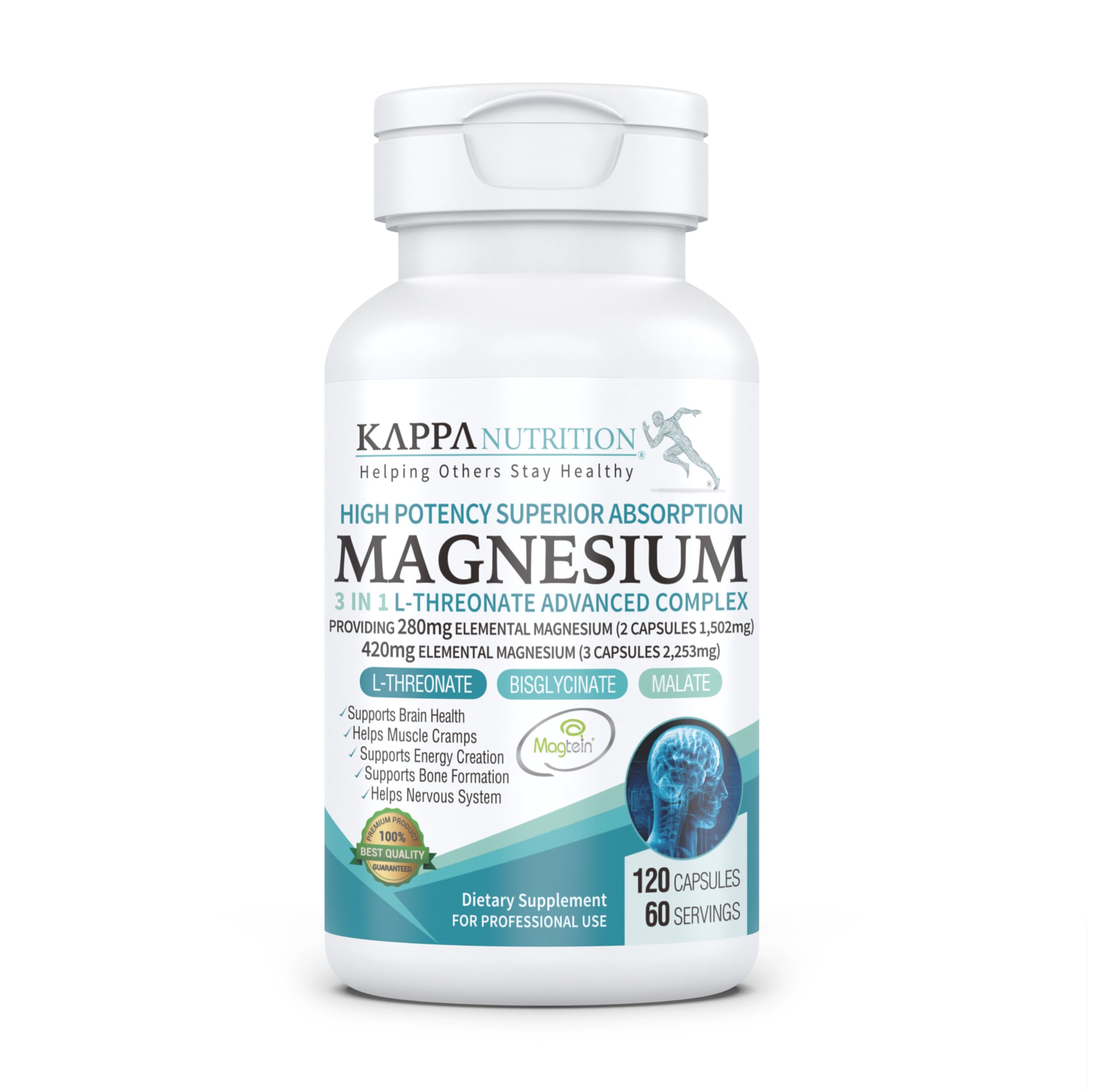 (120 Capsules), 2,253mg Per Serving, Providing 420mg Elemental Magnesium, L-Threonate, Bisglycinate Chelate, Malate, from Kappa Nutrition.