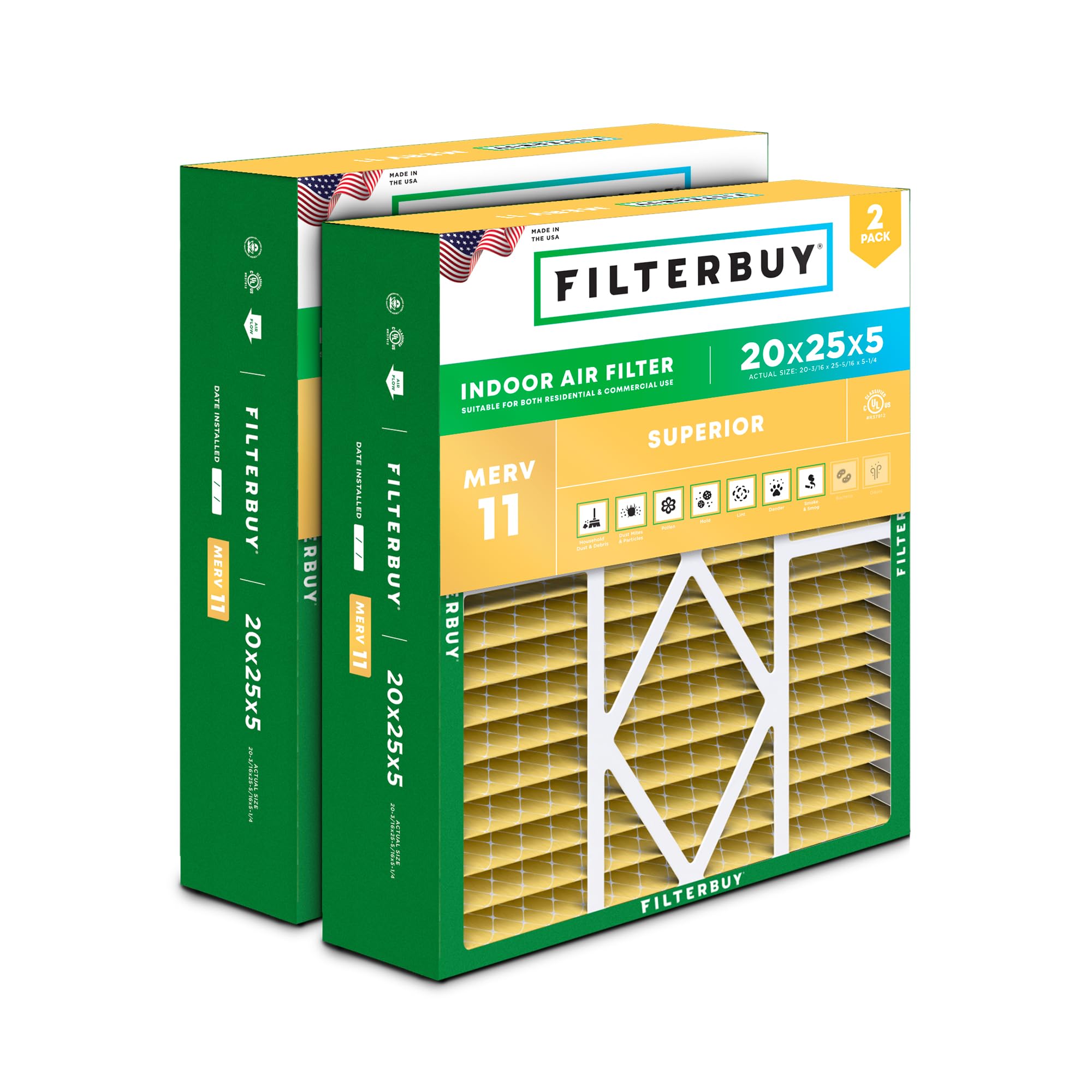 Filterbuy 20x25x5 Air Filter MERV 11 Allergen Defense (2-Pack), Pleated HVAC AC Furnace Air Filters for Amana, Coleman, Goodman, Maytag, York, and More (Actual Size: 20.19 x 25.31 x 5.25 Inches)