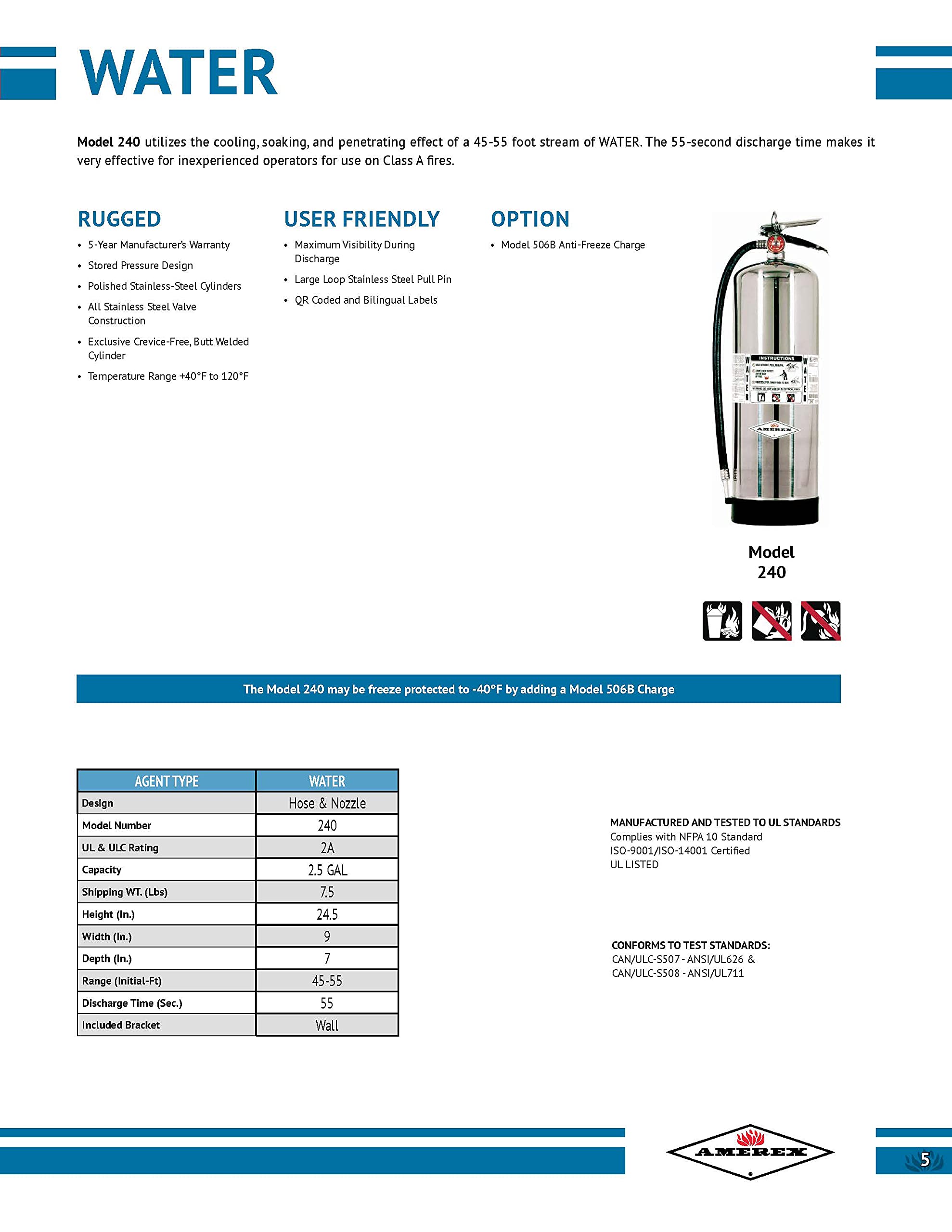 Amerex B240 Stored Pressure Water Fire Extinguisher, 2.5 Gallon for Class A Fires