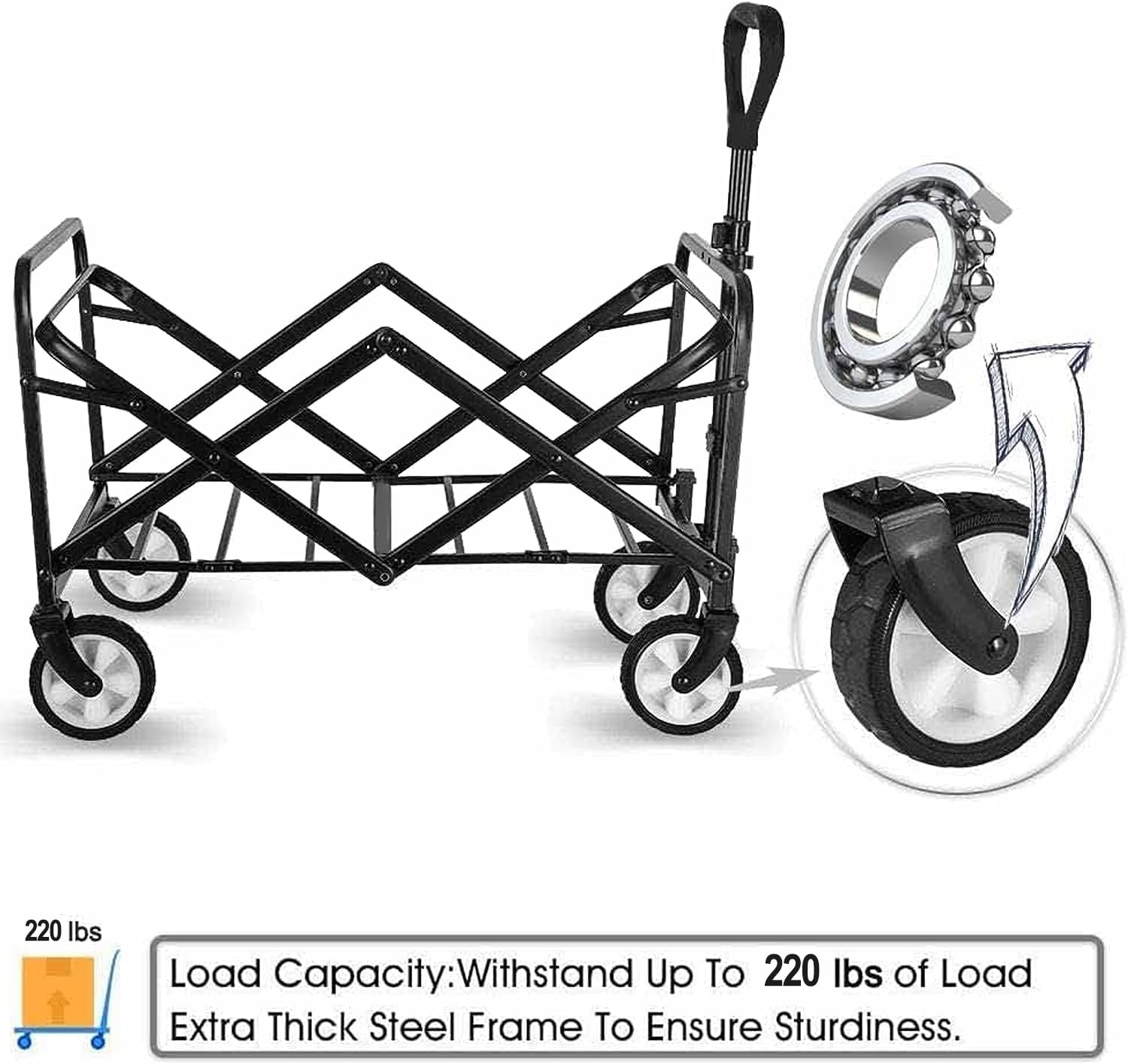 iHomey Collapsible Foldable Wagon, Beach Cart Large Capacity, Heavy Duty Folding Wagon Portable, Collapsible Wagon for Sports, Shopping, Camping (Black)