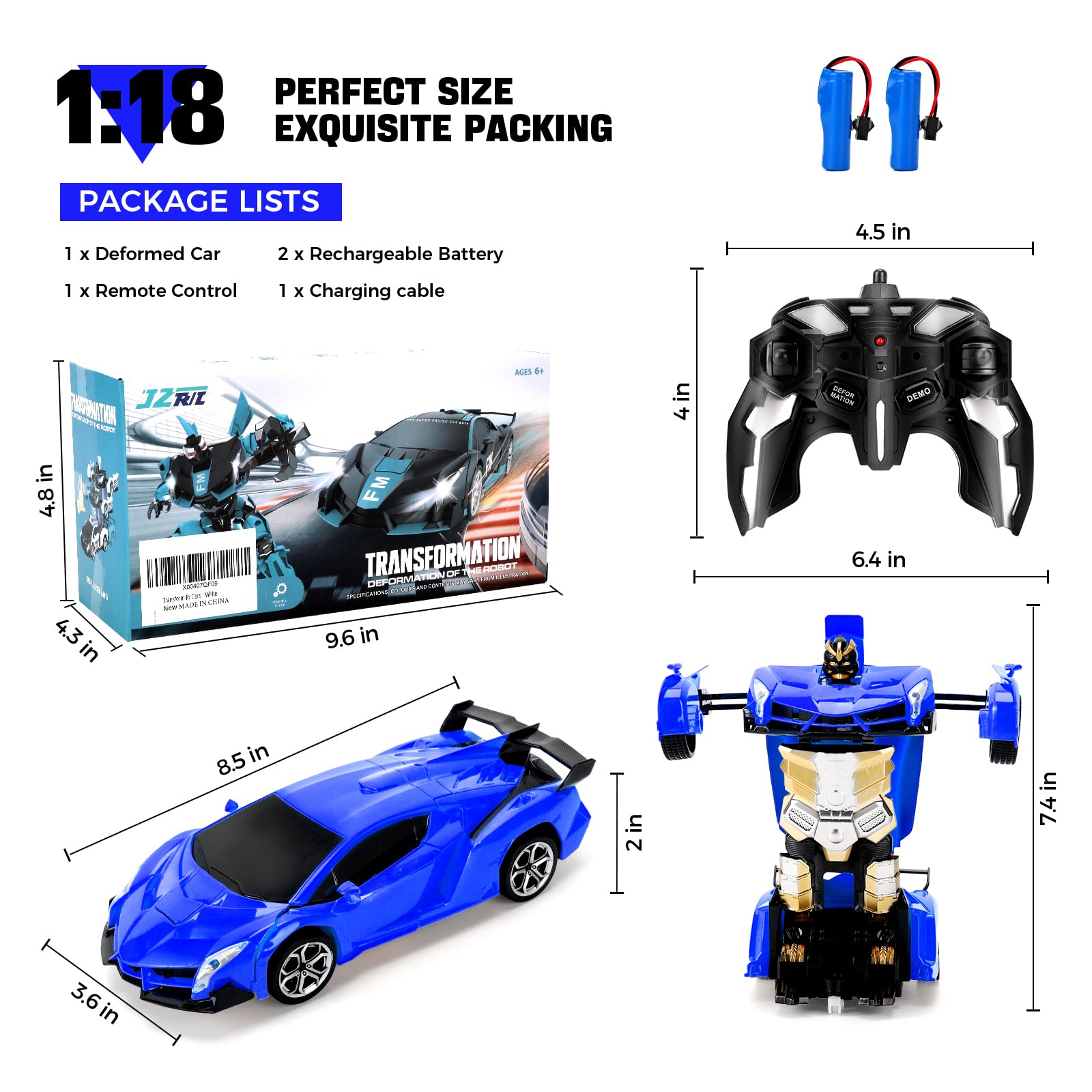Blackma Remote Control Car - Transform, One-Button Deformation & 360°Rotating Drifting, Transform Robot RC Car with LED Light, Toy Gifts for 4 5 6 7 8 9 10 11 12 Years Old Boy (Blue)