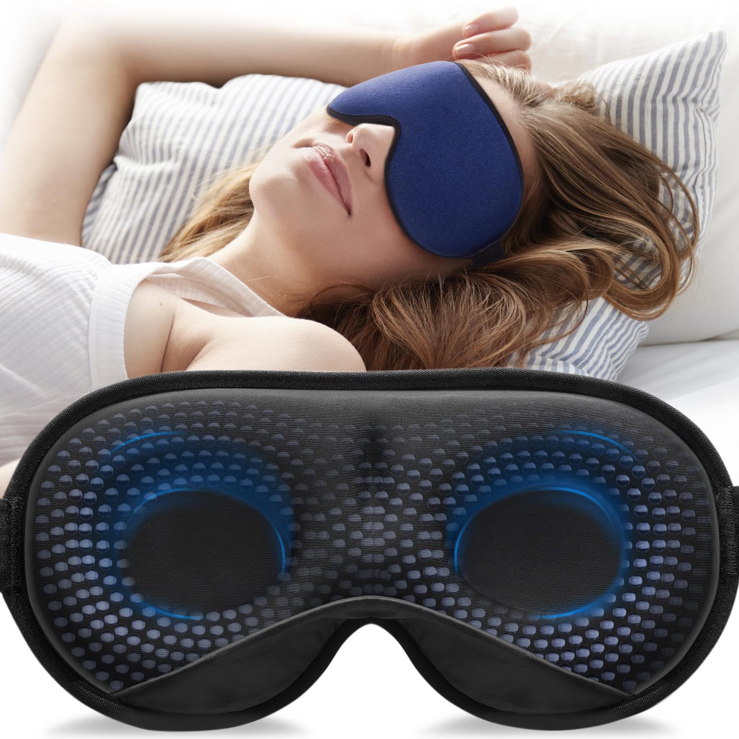 YFONG Weighted Sleep Mask, Women Men 3D Eye Mask Blocking Lights Sleeping Mask (4.2oz/120g), Pressure Relief Night Sleep Eye Mask with Adjustable Strap, Eye Cover Blindfold for Travel Nap Yoga, Blue