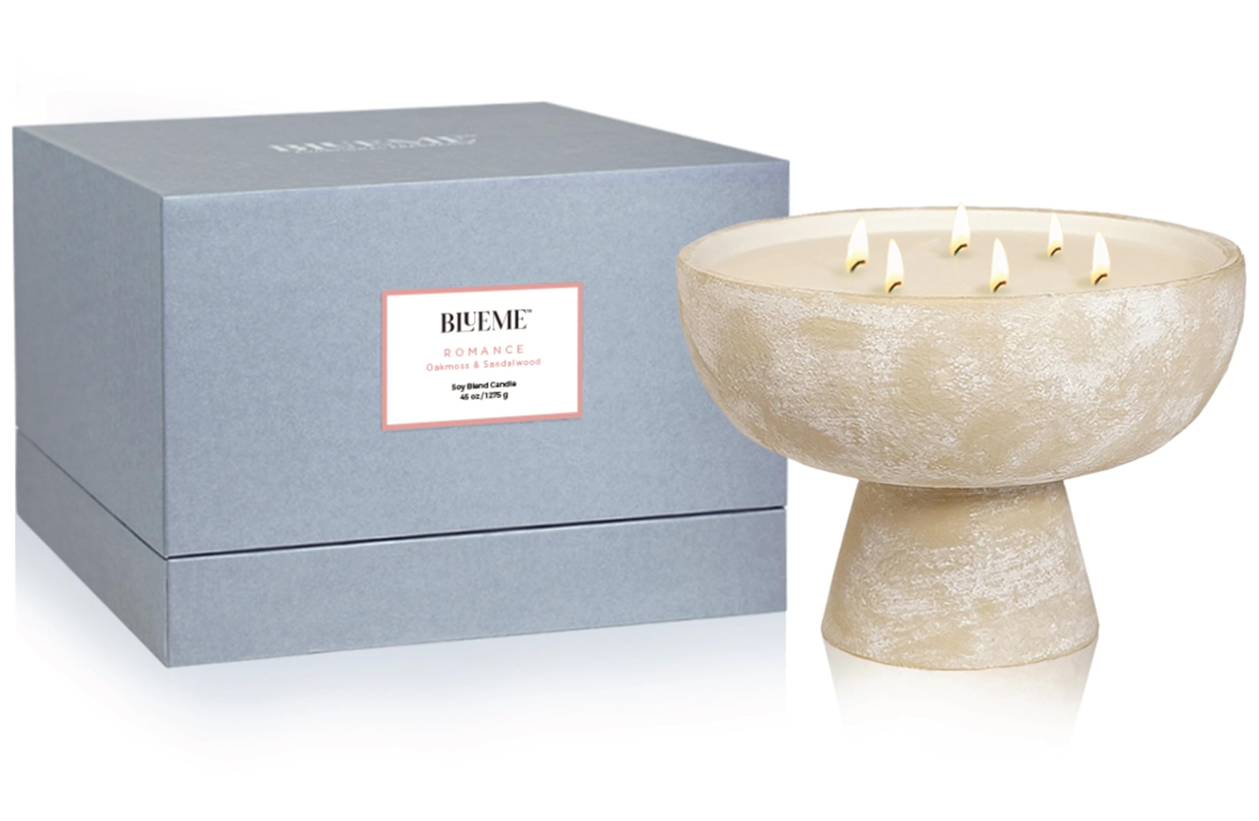 BLUEME Romance-Oakmoss & Sandalwood, 6 Wick, Refillable Wellness Candle, Contains Essential Oil, Sustainable, Hand Finished, Hand Poured, Premium, Luxury Ceramic, Natural Cotton Wick, Soy-Wax Blend