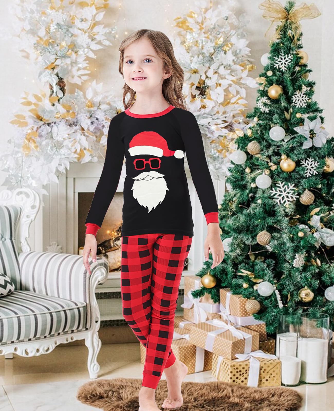 Demifill Christmas Family Matching Santa Claus Pajamas Holiday Long Sleeve Pajamas Women L Red&Black