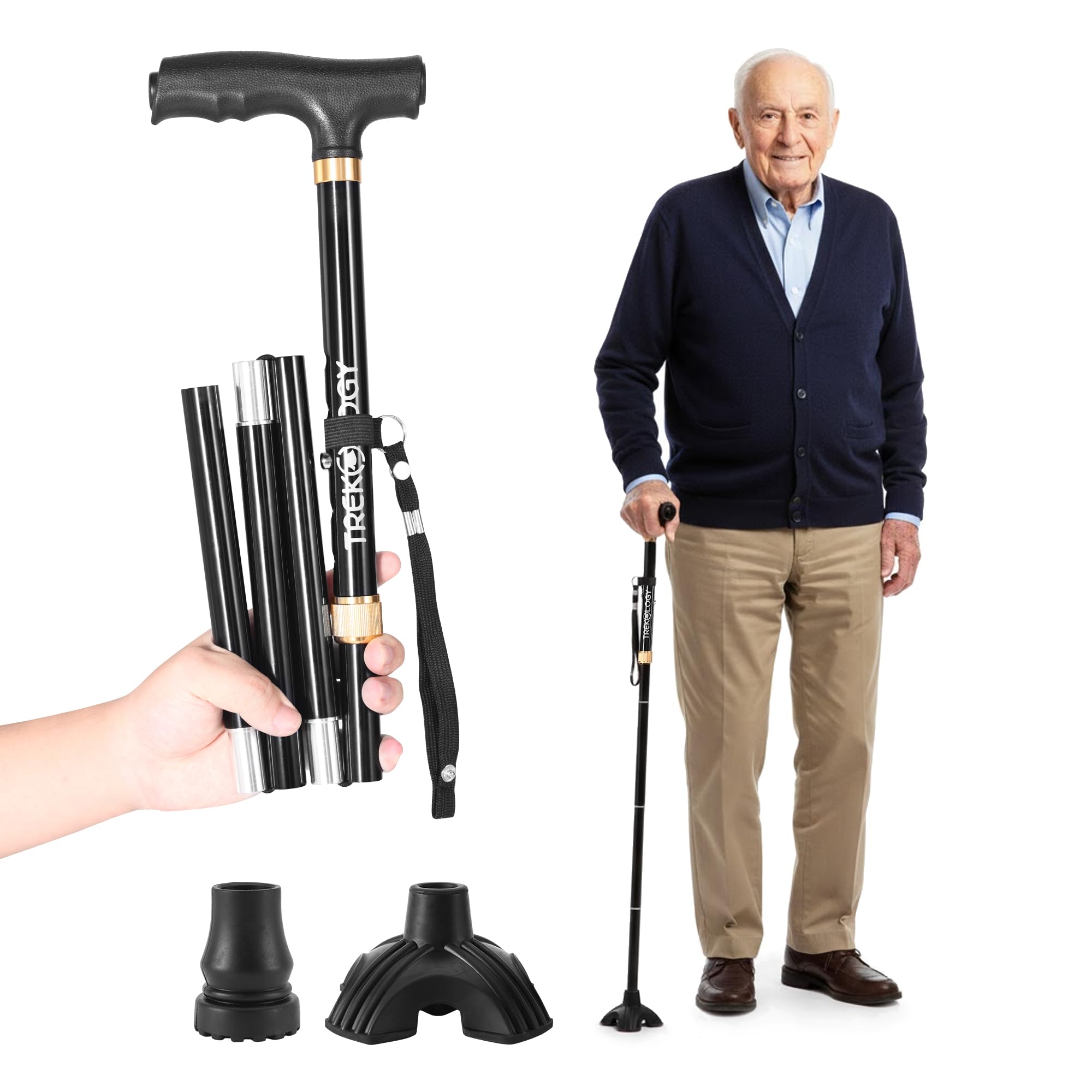 Trekology Foldable Walking Cane for Seniors - Folding Walking Stick for Men and Women with Quad Self-Standing Base for Stability & Balance - Adjustable, Lightweight with Locking Design - Travel Ready