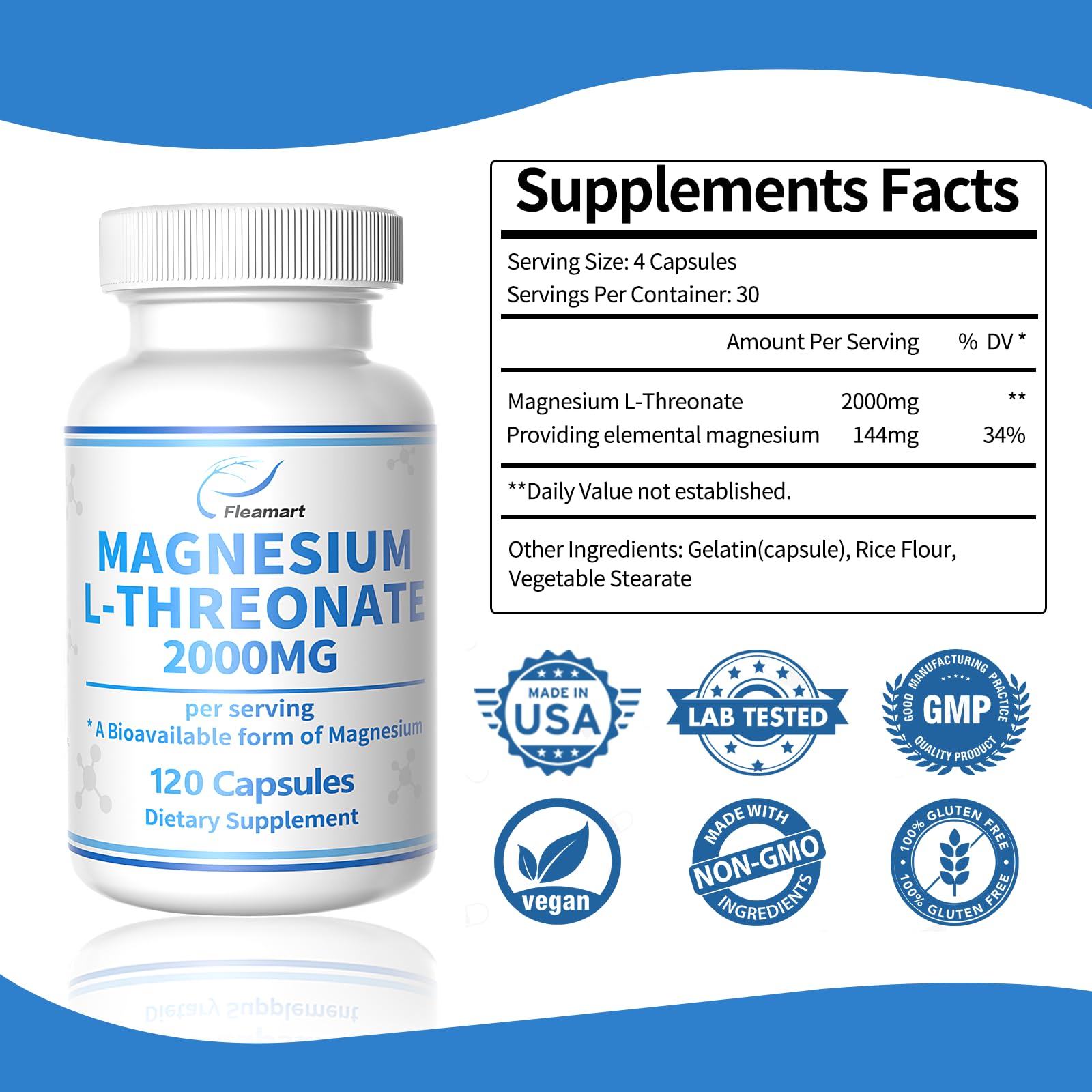 Magnesium L-Threonate Capsules for Brain & Sleep and Memory & Attention Magnesium L-Threonate 2000mg Complex High Absorption Supplement 120 Capsules, 30 Day Supply