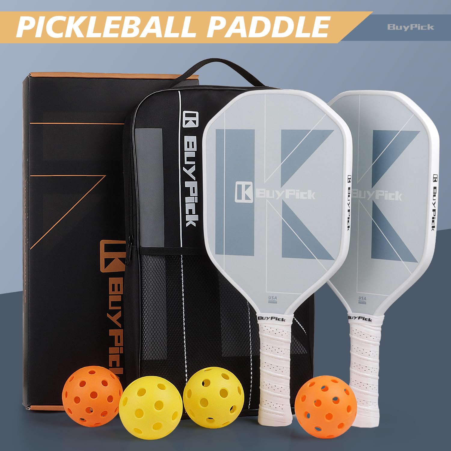 BuyPick Pickleball Paddles Set of 2, USAPA Approved Carbon Fiber Surface Paddles with Anti-Slip Sweat-Absorbing Grip &16MM Racket, Light Pickleball Set with 2 Pickleball Paddle 4 PE Balls& 1 Bag