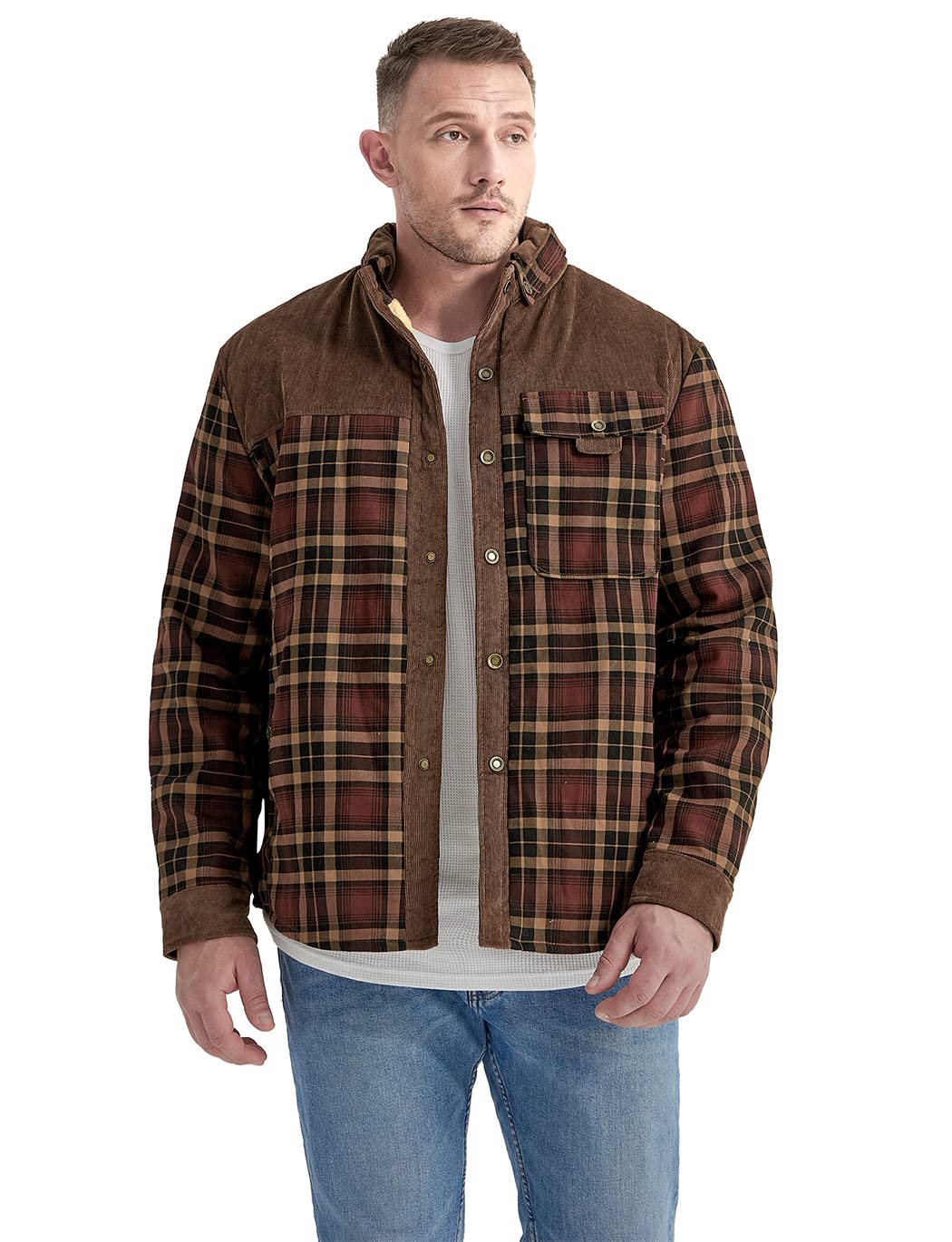 Haellun Men's Long Sleeve Sherpa Lined Shirt Jacket Flannel Plaid Fleece Coats (Large, Coffee)