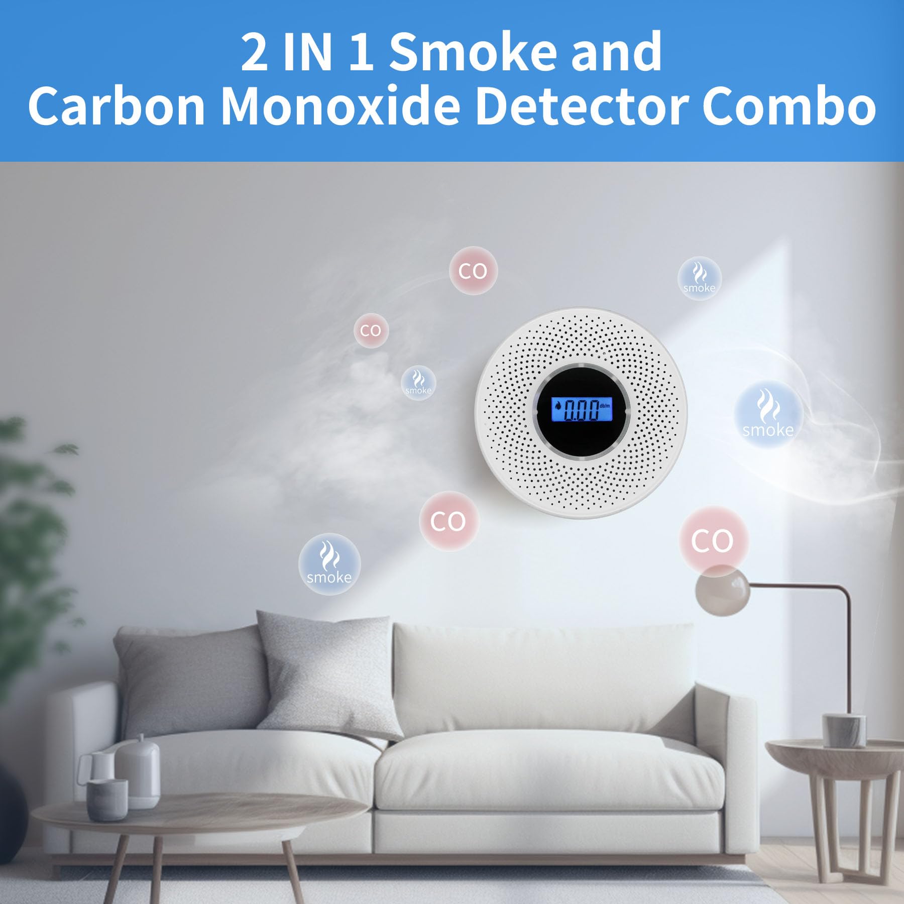 Coreel Smoke Detector Carbon Monoxide Detector Combo with Digital Display and Sound Light Alarm, 2-in-1 Smoke & CO Alarm with Battery Operated for Home, Travel or RV(White-01)