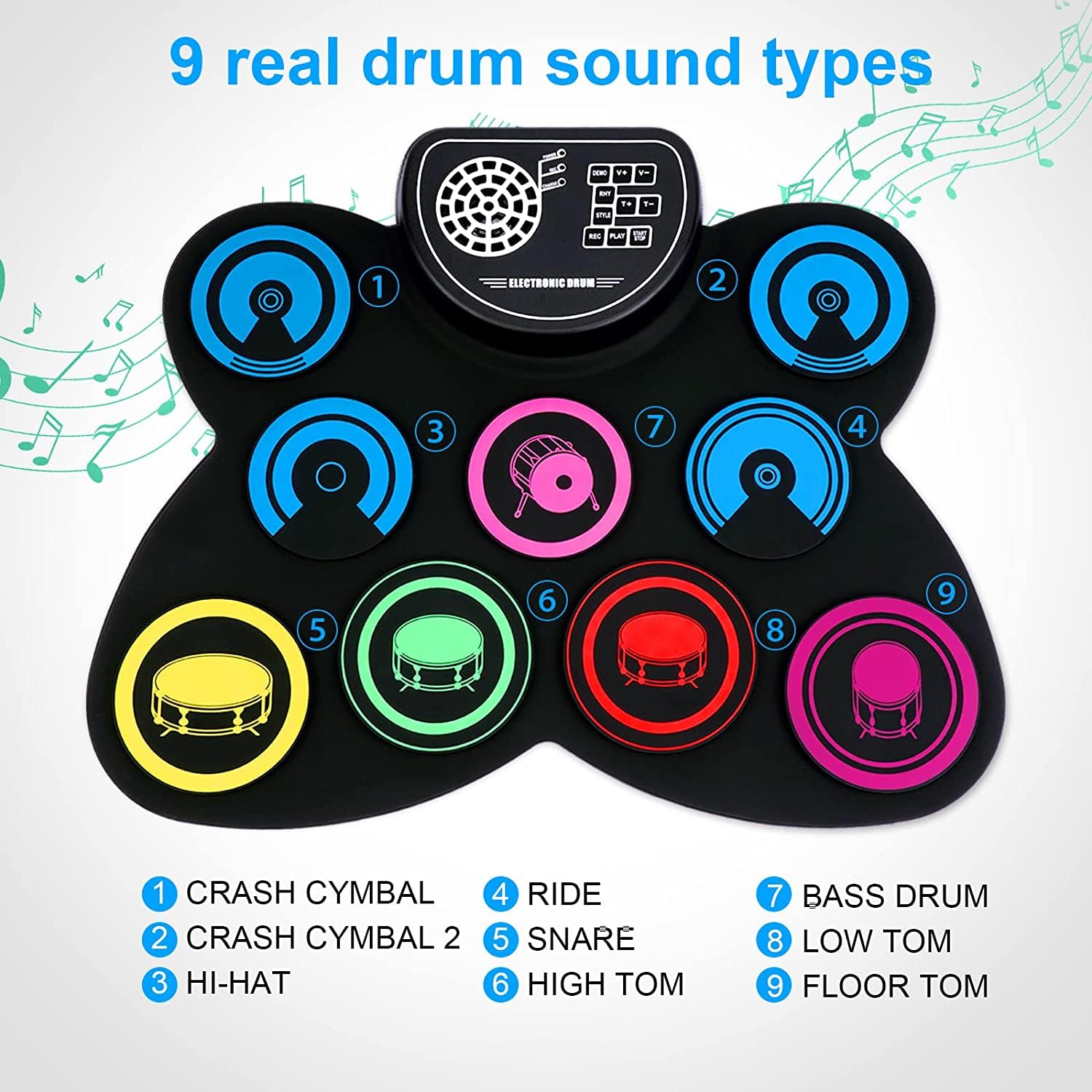 Electronic Drum Set, 9-Pads Roll-Up Drum Pad Electric Drum Set with Headphone Jack Built-in Speaker Sticks Foot Pedals, Xmas Birthday Surprise for Kids