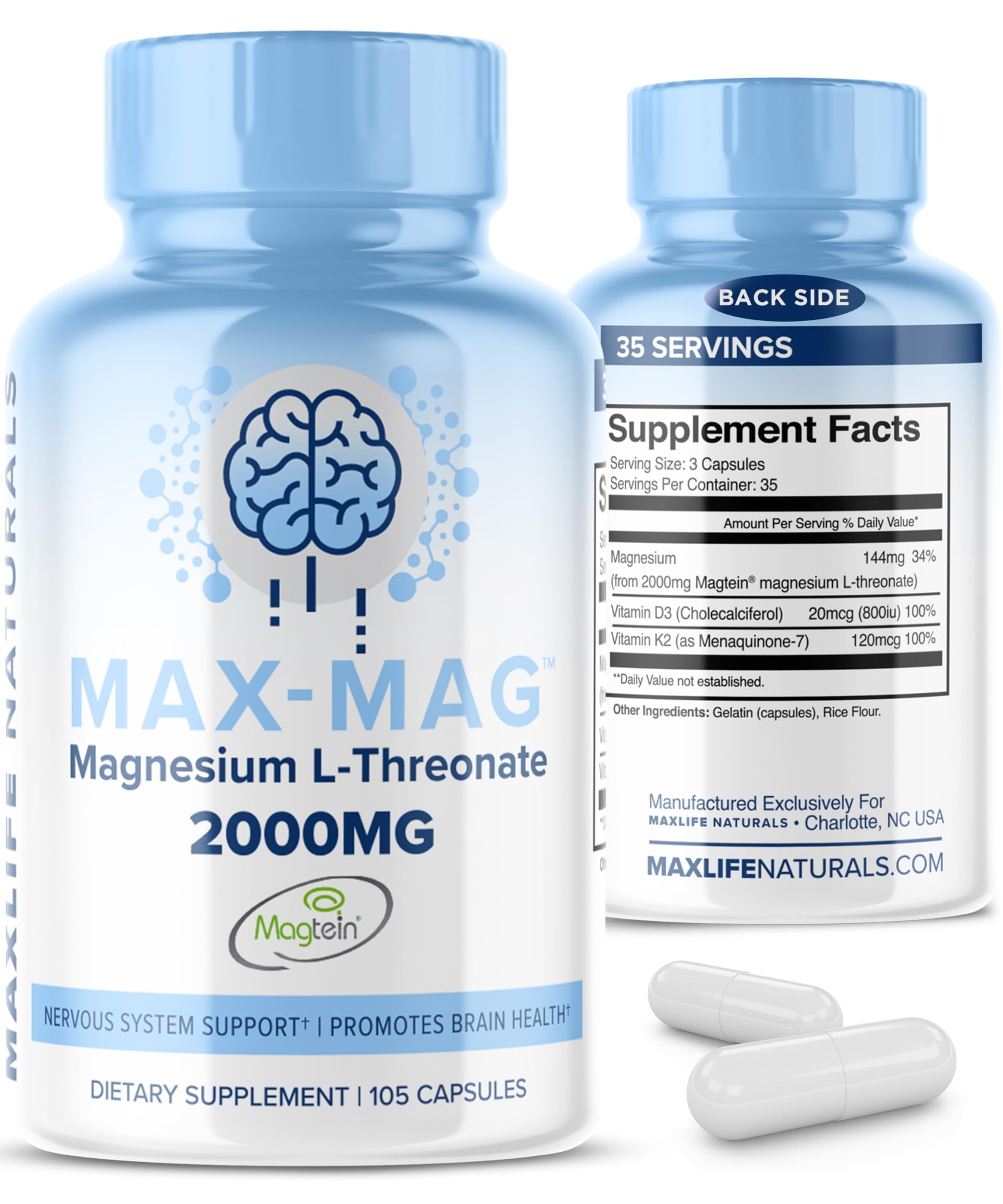 Magtein Magnesium L-Threonate 2000mg - Max-Mag Magtein Magnesium Threonate Supplement with Vitamin D3 and K2 for Brain, Sleep, & Mood - 105 Easy to Swallow Magnesium L-Threonate Capsules