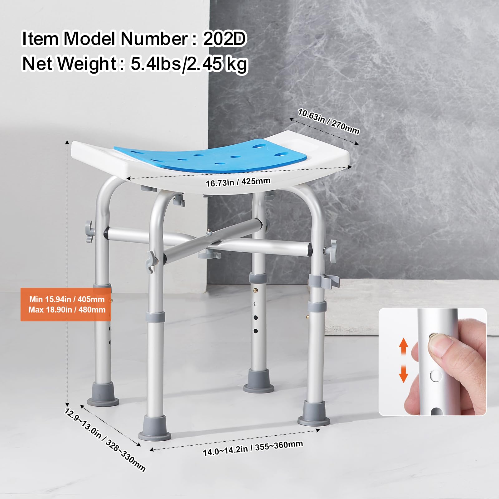 VEVOR Shower Chair for Inside Shower, Adjustable Height Shower Stool with Crossbar Support, Shower Seat for Shower Tub, Non-Slip Bench Bathtub Stool Seat for Elderly Disabled Adults Handicap, 500 lbs