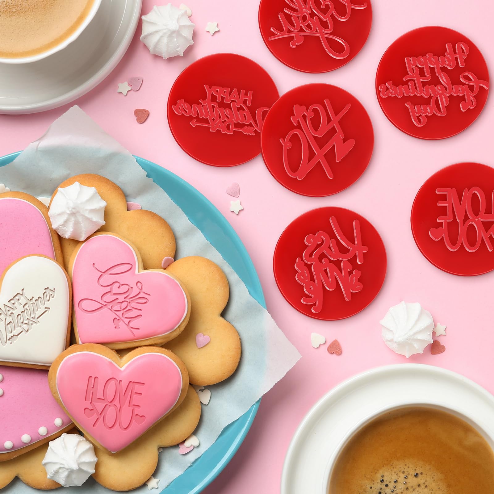 6 Pcs Valentines Day Cookie Stamp Fondant Embosser Set Valentines Day 3D Design Cookie Cutters Love You Cookie Stamp for Baking Cooking Biscuits Cake Wedding Party Decorating Tools