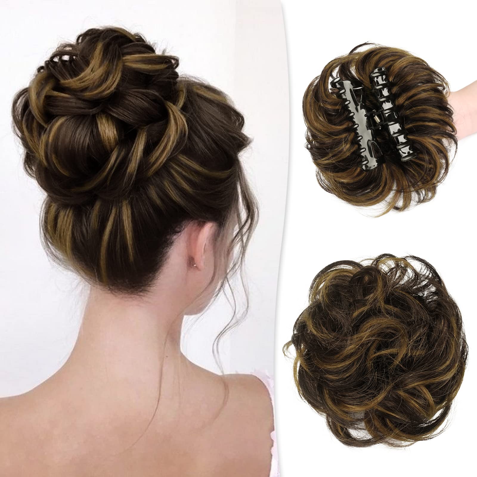 RUWISS Claw Clip Messy Bun Hair Piece Real Human Hair Buns Wavy Curly Chignon Hair Bun Extensions Tousled Updo Hair Buns Claw Clip Ponytail Hairpieces (Dark Brown with Golden Blonde)