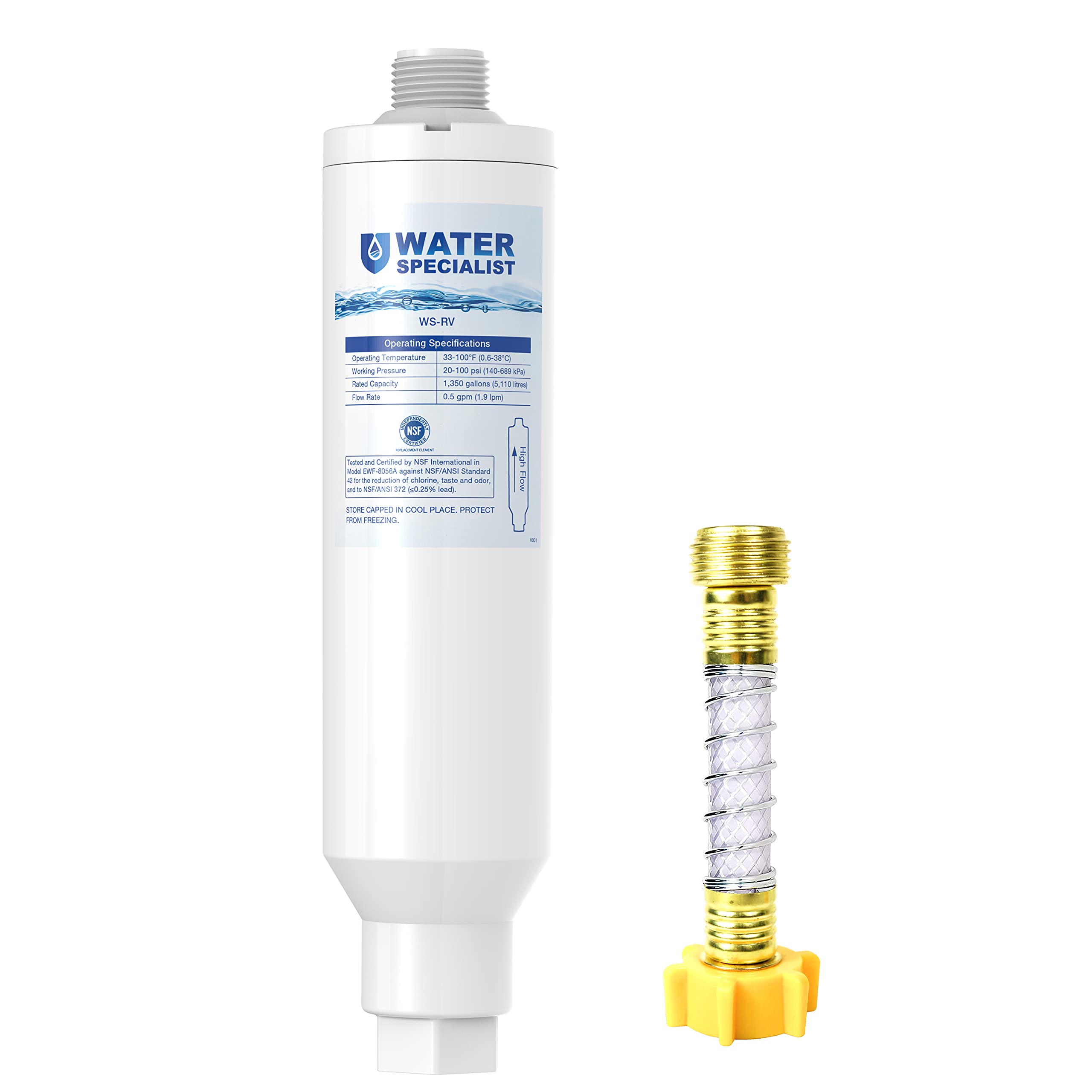 Waterspecialist RV Inline Water Filter, NSF Certified, Reduces Chlorine, Bad Taste and Odor, Rust, Corrosion, Sediments, and Turbidity, Dedicated for RVs, 1 Pack Water Filter with Hose Protector