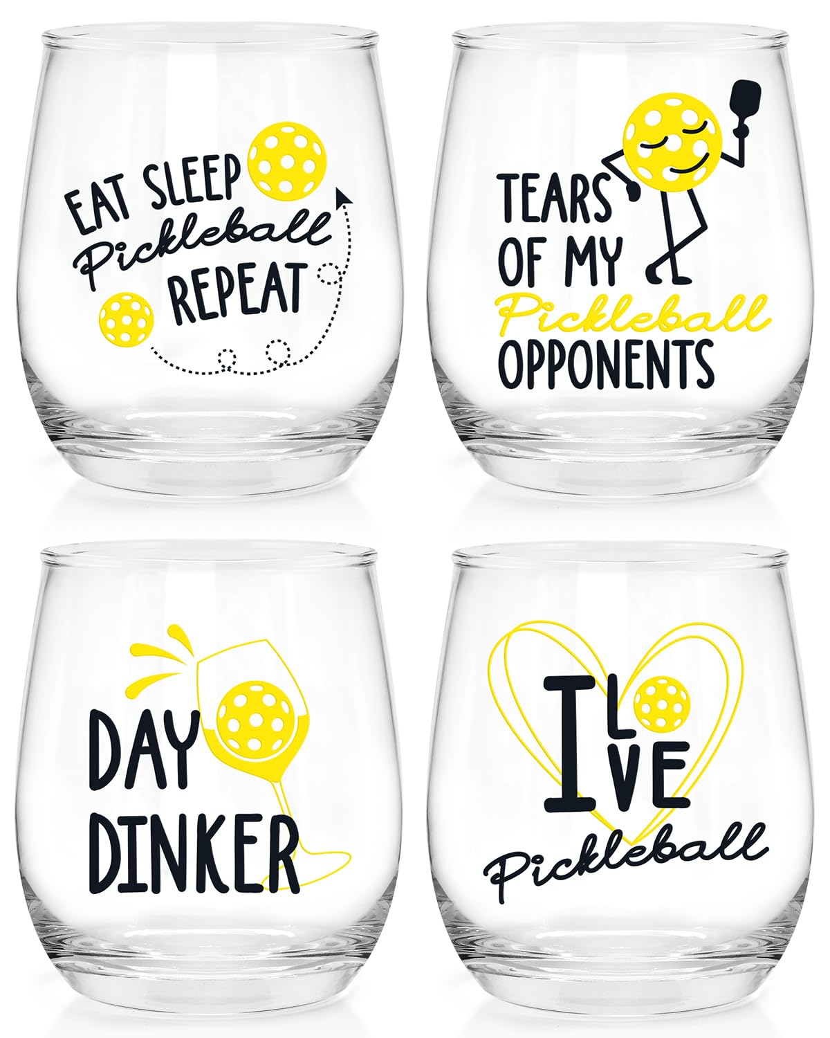 Nefelibata Stemless Wine Glasses 4PCS Funny Pickleball Christmas Gift for Pickleball Team Players Sports Lovers Coach Teacher Dad Mom 12 oz Ice Coffee Glass