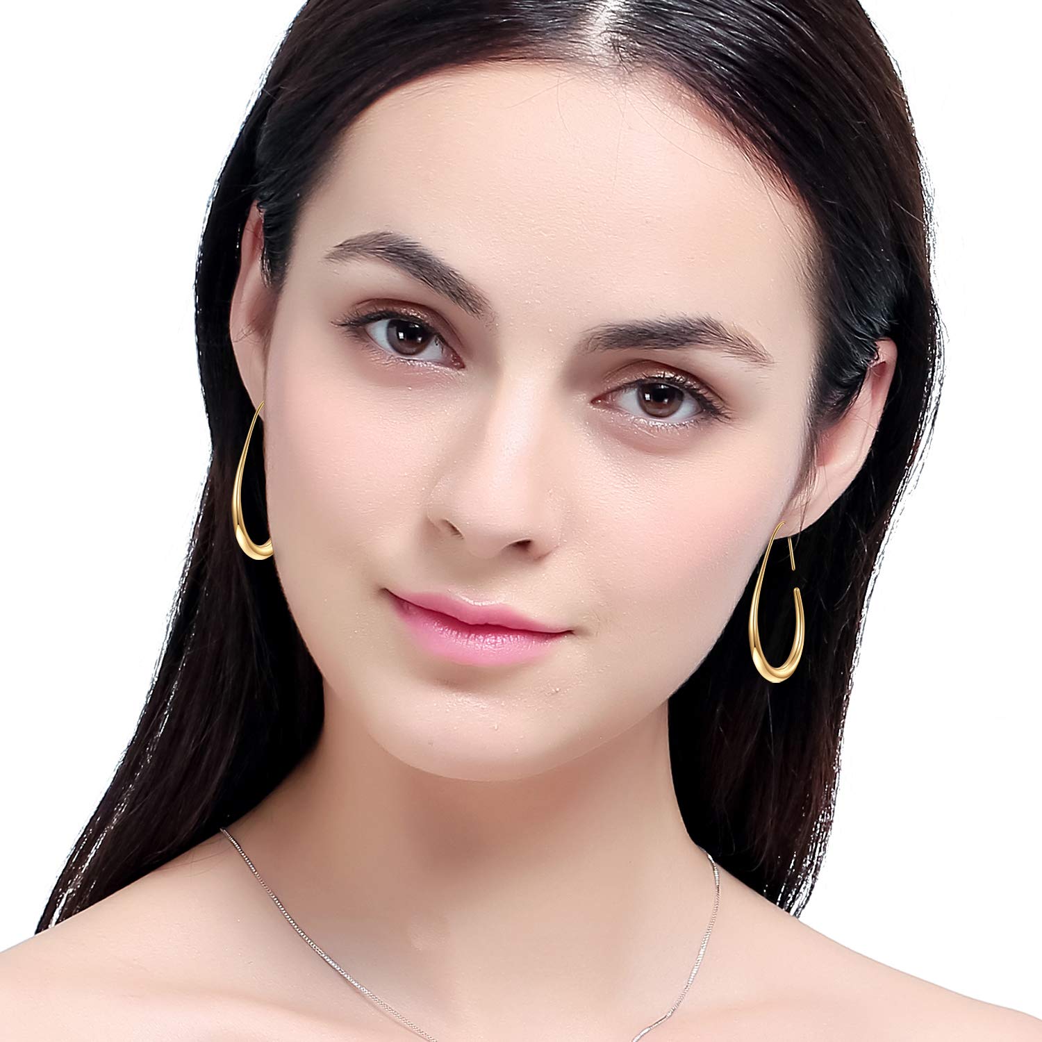 Lightweight Teardrop Hoop Earrings for Women - 14k Gold/White Gold Plated Large Oval Pull Through Hoop Earrings High Polished Statement Jewelry Gift for Women Teen Girls