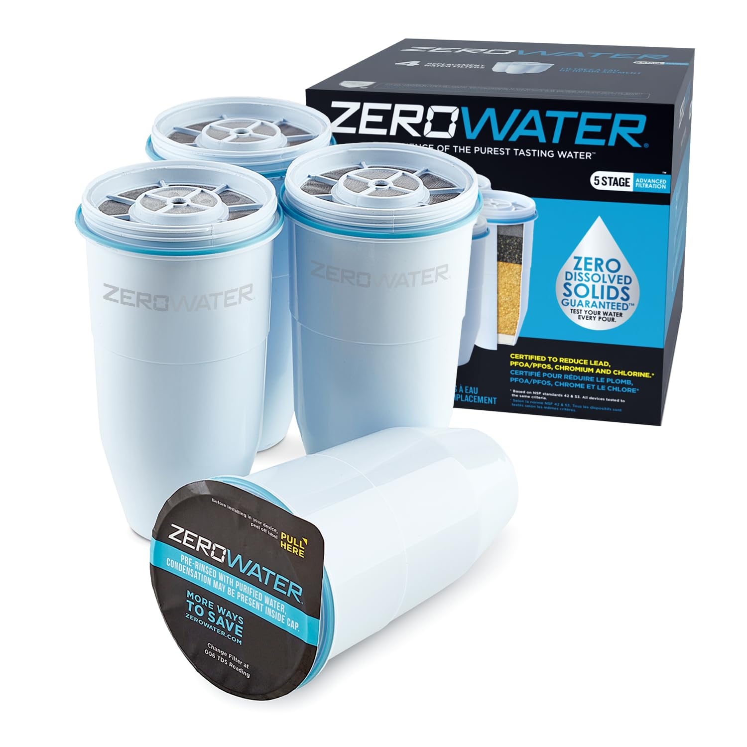 Culligan ZeroWater Official Replacement Filter - 5-Stage 0 TDS Filter Replacement - System IAPMO Certified to Reduce Lead, Chromium, and PFOA/PFOS, 4-Pack