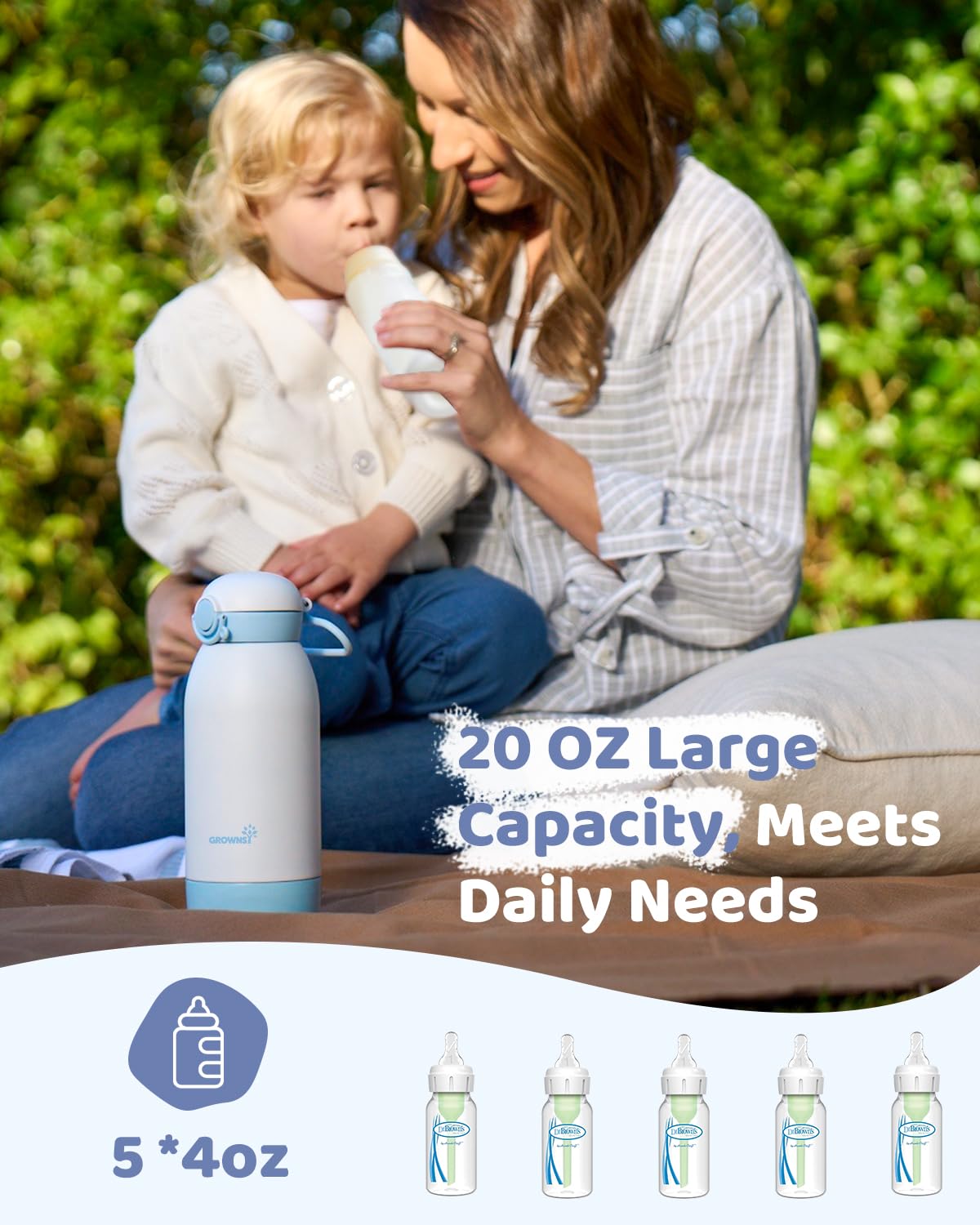 Portable Bottle Warmer, GROWNSY Fast Baby Bottle Warmer On The Go, Cordless Travel Milk Warmer for Breastmilk/Formula, with Precise Temperature Control, Memory Function