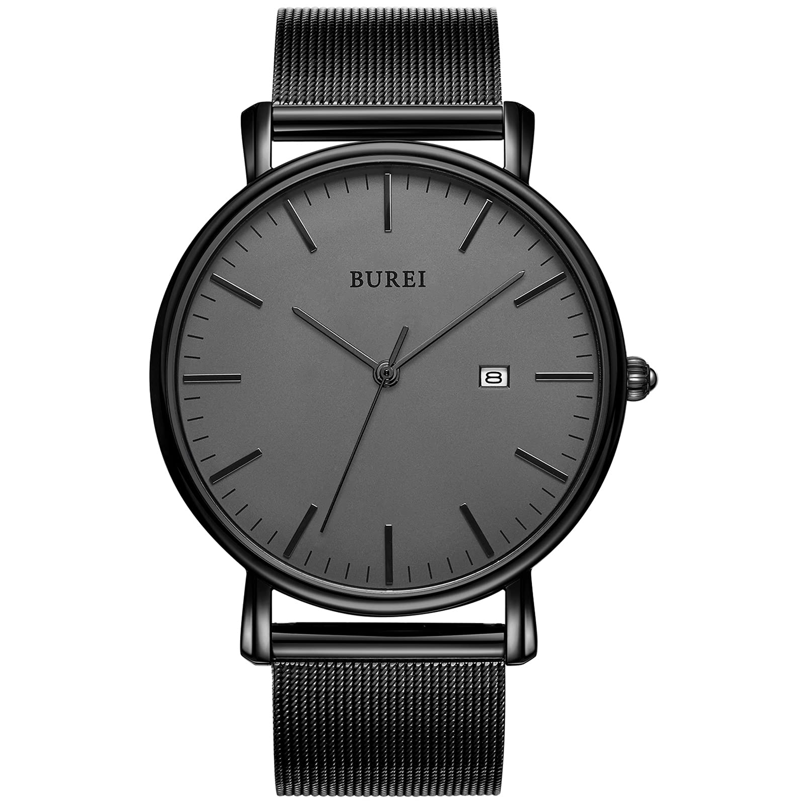 BUREI Men's Fashion Minimalist Wrist Watch All Black Waterproof Watches Simple Ultra Thin Watches Analog Quartz Date with Stainless Steel Mesh Band