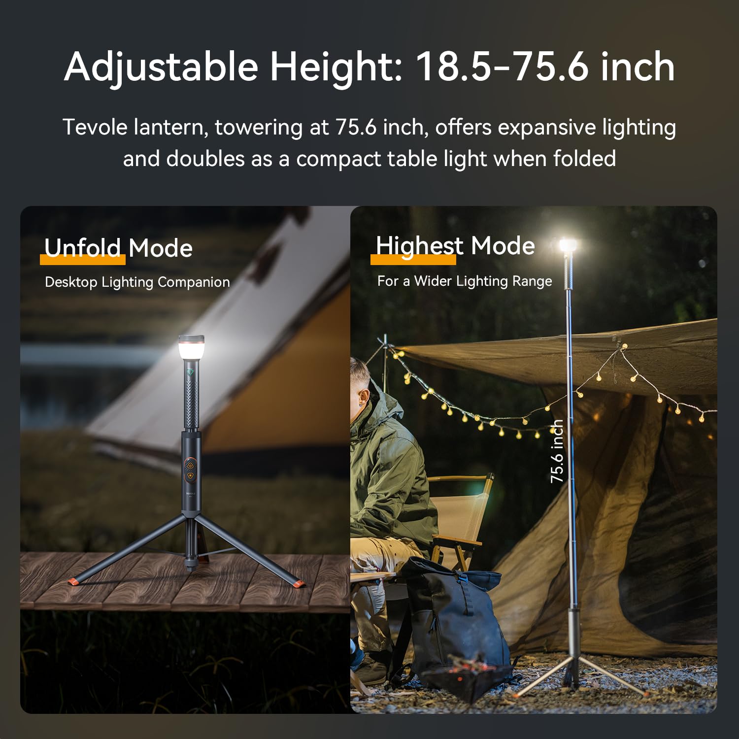 TEVOLE Camping Light Telescopic & Collapsible: 800 Lumens IP65 Waterproof Smart Remote Magnetic Base USB Rechargeable Battery Adjustable Height for Outdoor Adventure Hiking Emergency Lighting
