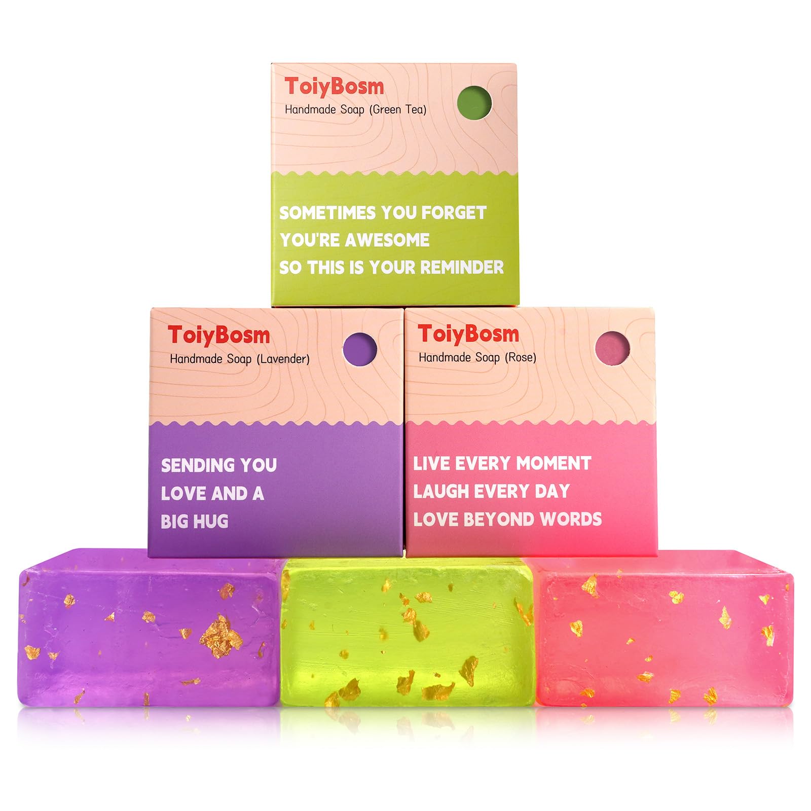 ToiyBosm Inspirational Gifts for Women, Thinking of You Gifts, Self Care Gifts for Women, Bath & Body Handmade Soap Gift Set for Women, Mom, Sister(Rose,Lavender, Green Tea-300g)