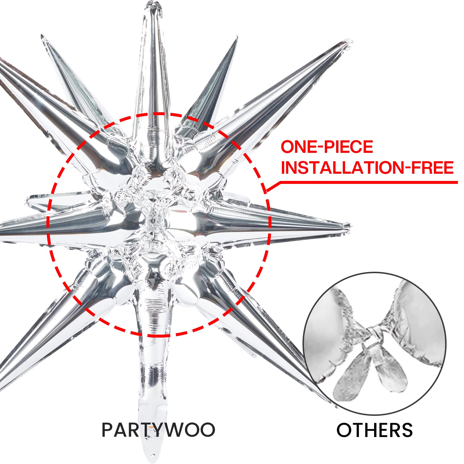 PartyWoo Metallic Silver Star Foil Balloons 6pcs Different Sizes Pack of 27 22 Inch Starburst Spike Mylar Balloons for Graduation Anniversary Bachelorette Engagement Birthday Party Decorations