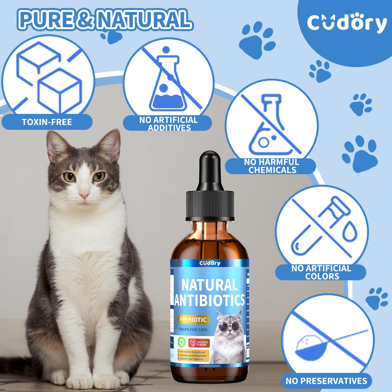 Natural Antibiotics for Cats, Cat Antibiotics Nutritional Supplements for Skin Issue, Itch Relief, Natural Herbal Supports for Cats All Breeds and Ages-Chicken Flavor | 2 fl oz