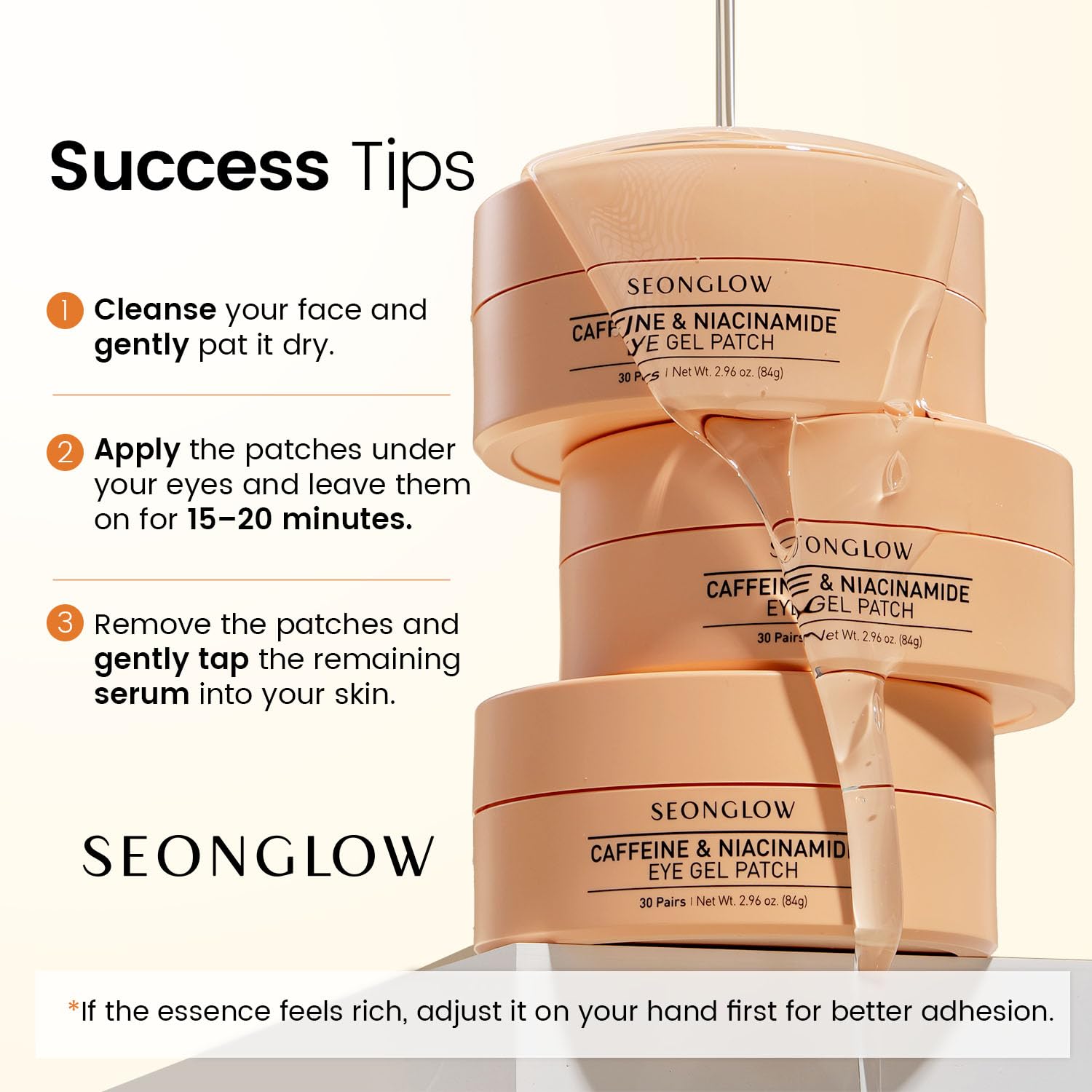SEONGLOW Caffeine Under Eye Patches: 30 Pairs Korean Hydrogel Eye Masks for Dark Circles Puffiness Relief with Niacinamide Hyaluronic Acid - Undereye Brightening Hydrating Anti-Wrinkle Treatment