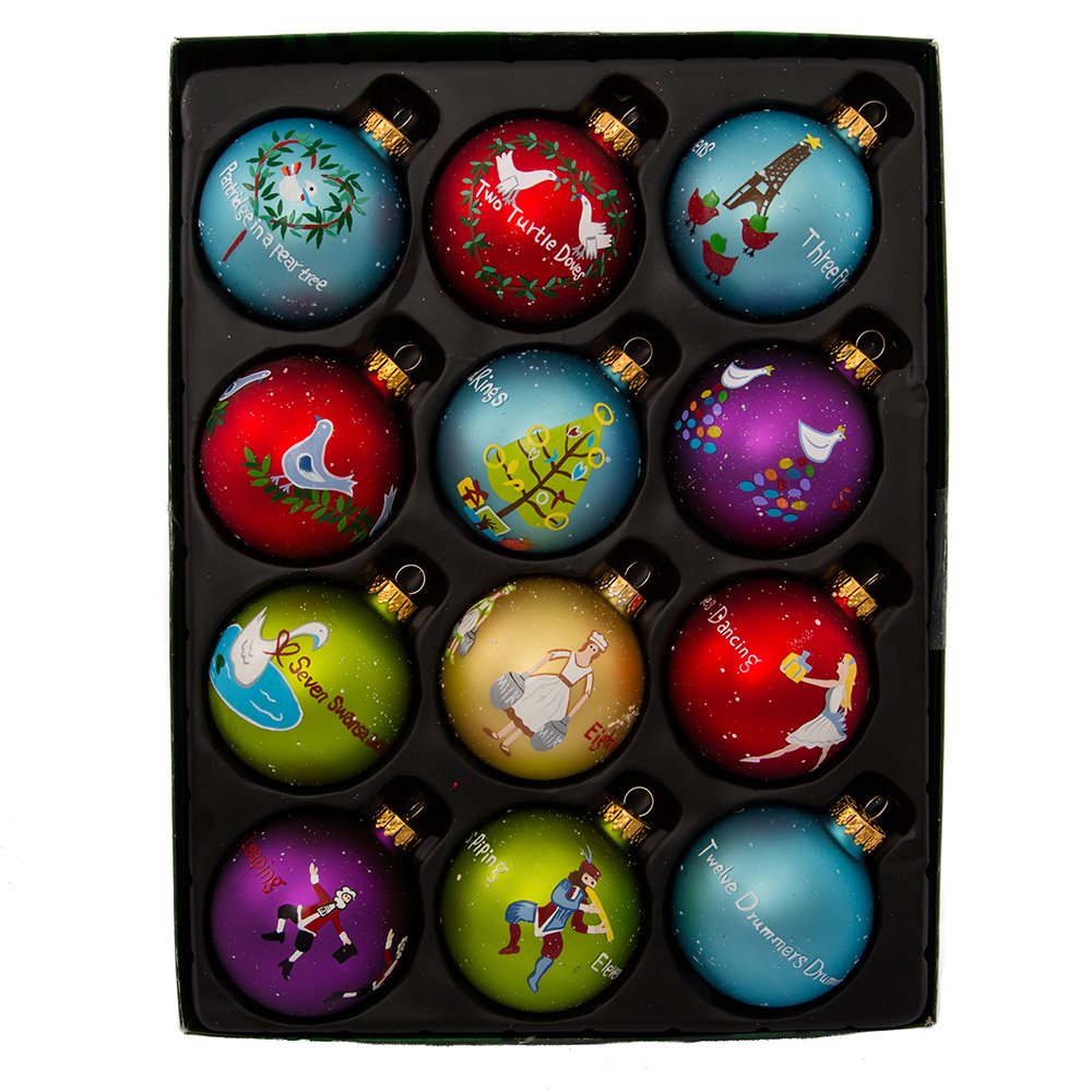 Kurt Adler Twelve Days of Christmas Ball Ornament, 65mm, Set of 12, Glass