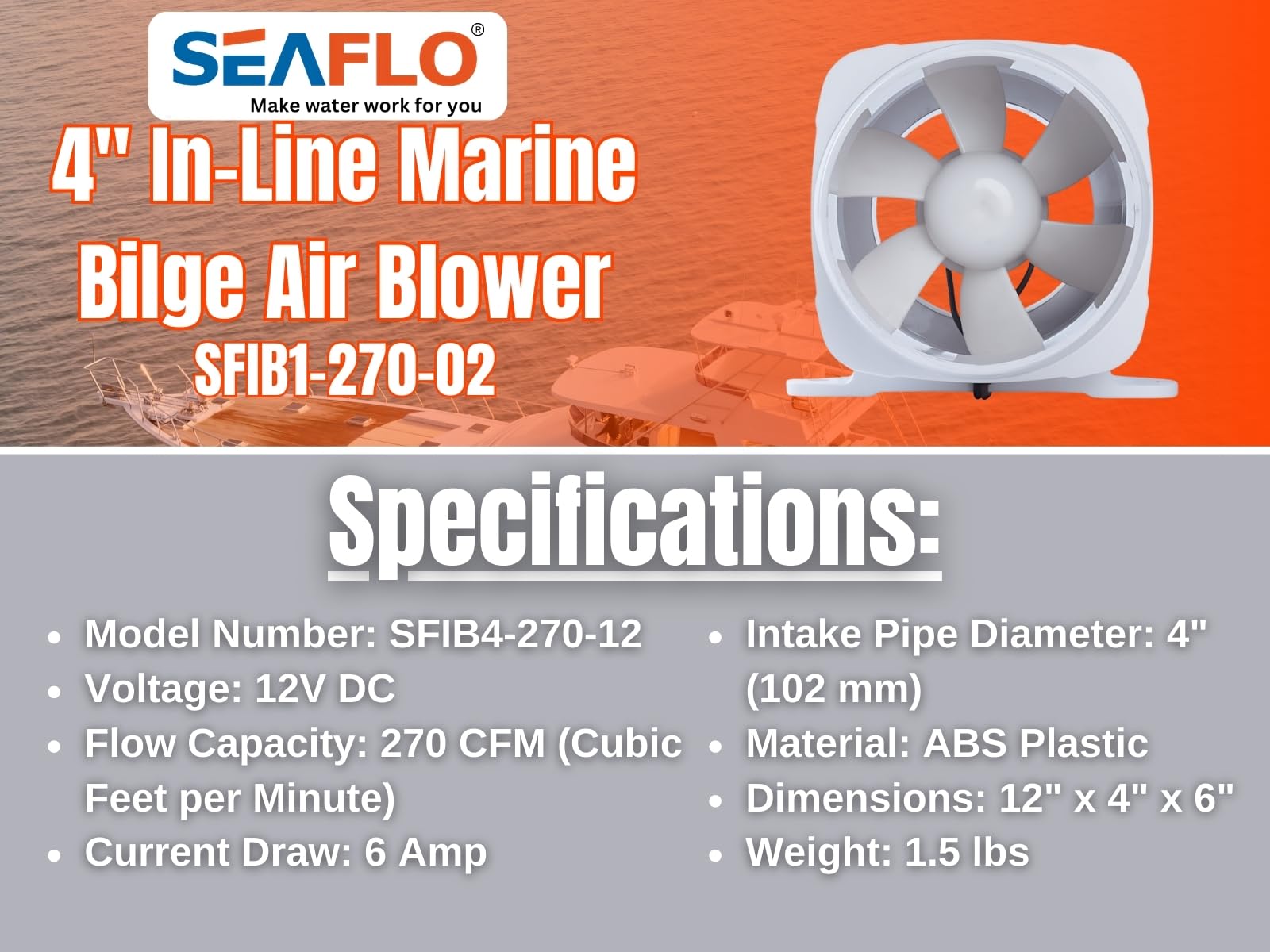 SEAFLO 4" In-Line Marine Bilge Air Blower 12V 270 CFM Quiet Boat White