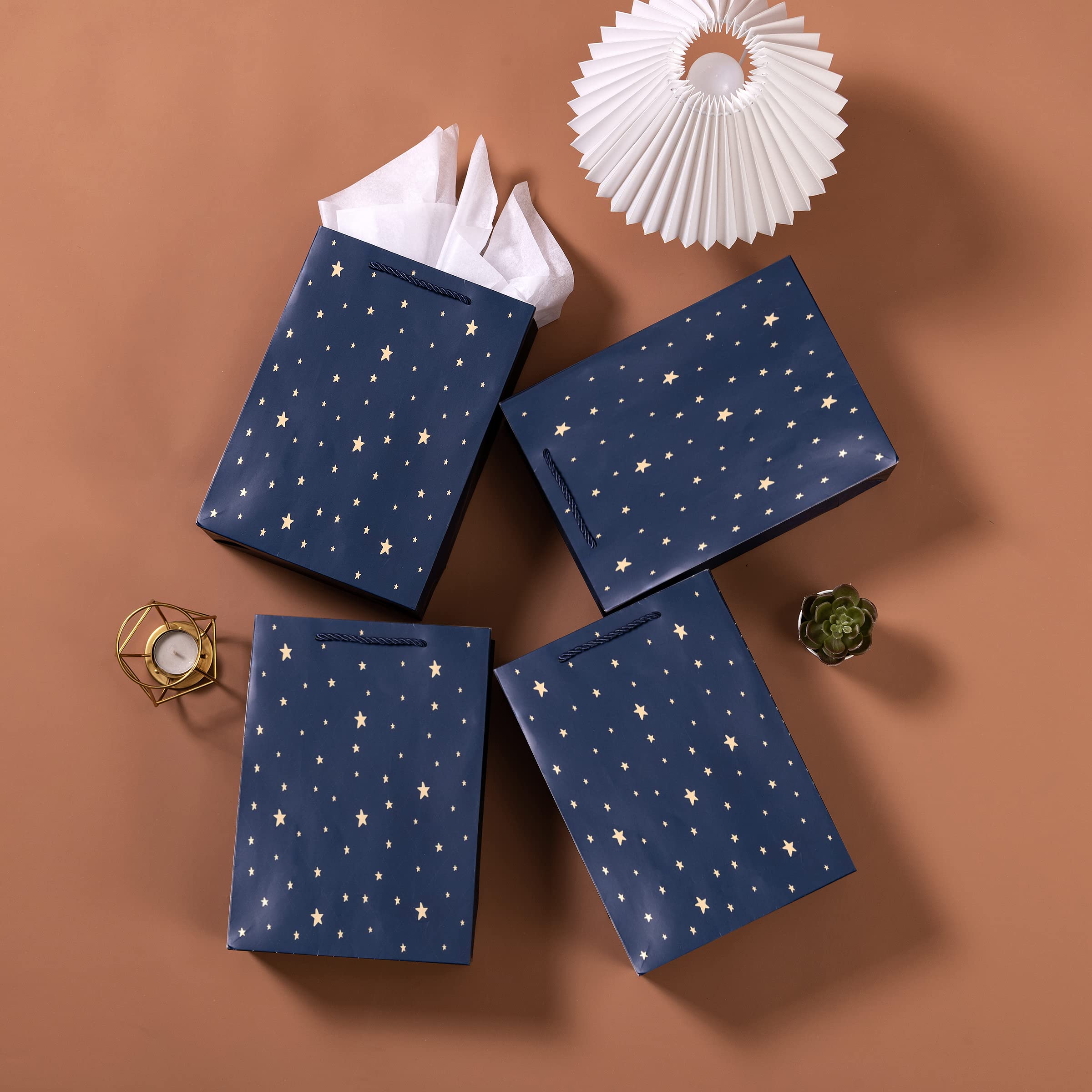 SHIPKEY Gift Bags, 10 Pack Navy Blue with Gold Foil Stars, Kraft Paper Bags with Handles, Bulk for Men, Groomsmen, Christmas Gifts, 8x4x11inch, Includes Tissue Paper