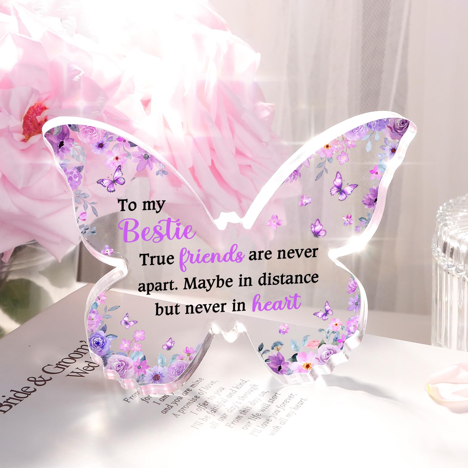 Glydein Best Friend Gift for Women, Unique Purple Butterfly Acrylic Plaque Desk Decor, Bestie Best Friend Birthday Gifts for Women Friendship for Bff Bestfriend, 5 x 3.8 x 0.5 inches