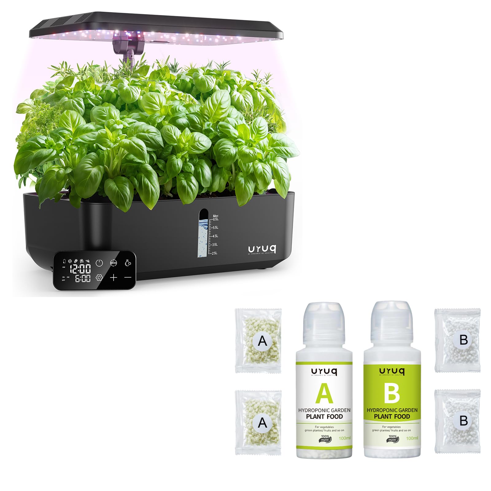 URUQ 12 Pods Hydroponics Growing System Remote Control Black & 600ml Plant Food Nutrients