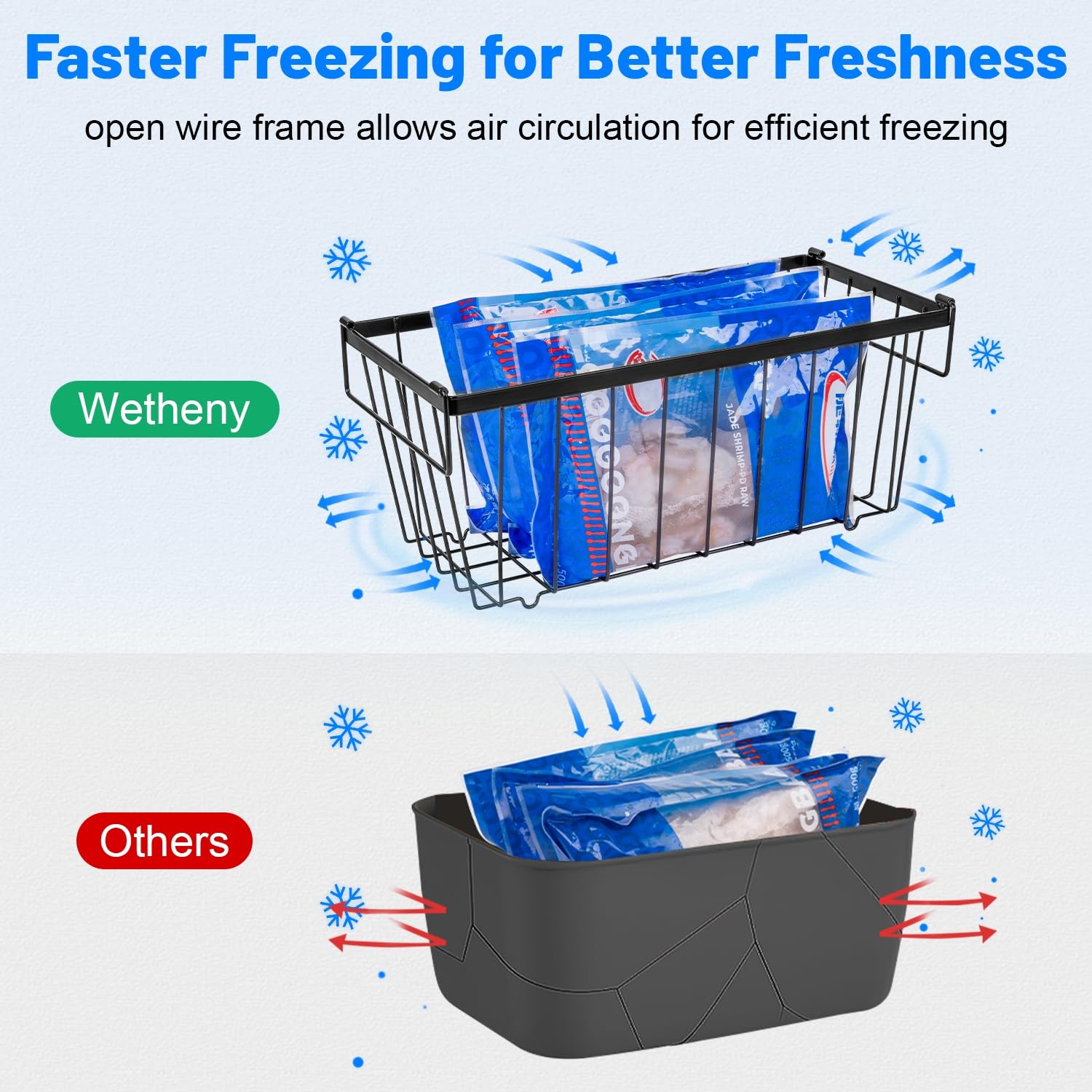 Wetheny Freezer Organizer Bins With Side Handle -8 Pack Stackable Chest Freezer Organizer for 7 Cu.FT - Deep Freezer Sort Frozen Food Wire Metal Basket Storage Bins Rack (Black)