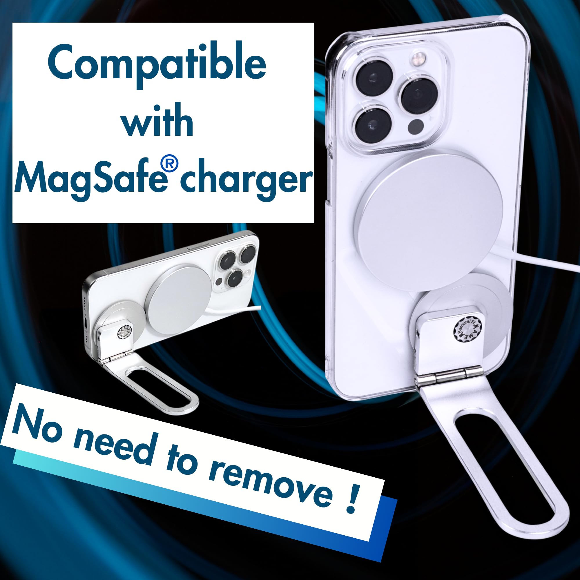 Pep Bar Cell Phone Stand Compatible with MagSafe® Charger 360° Rotation 180°flip Metal Foldable Compact Selfie Stick Grip Ring iPhone Android iPad Tablet (Matte White Sliver) Made in Japan