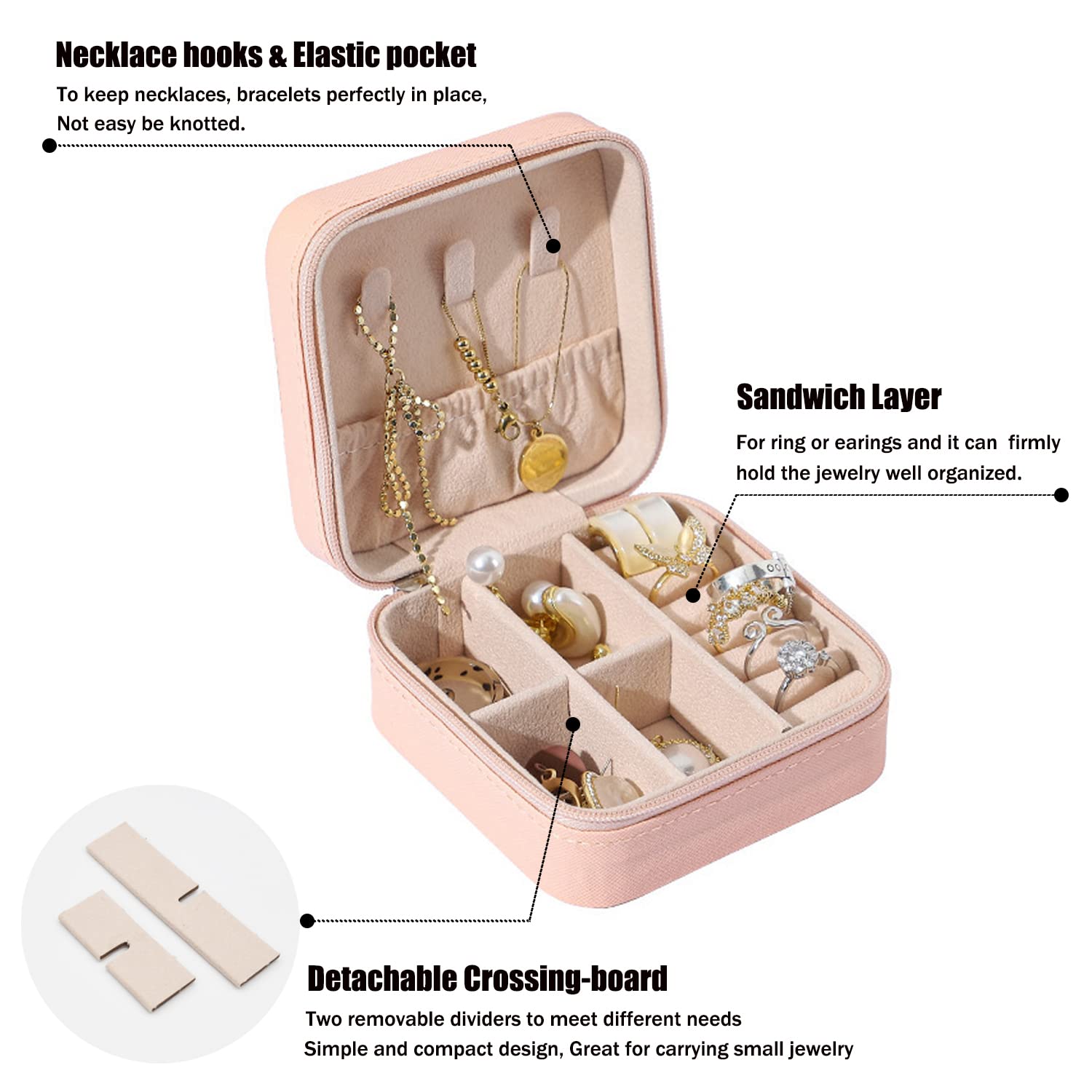 MODENGKONGJIAN Mini Jewelry Travel Case, PU Leather Organizer Box, Small Portable Jewellery Storage Holder for Womens Rings Earrings Necklaces Bracelets (Pink)