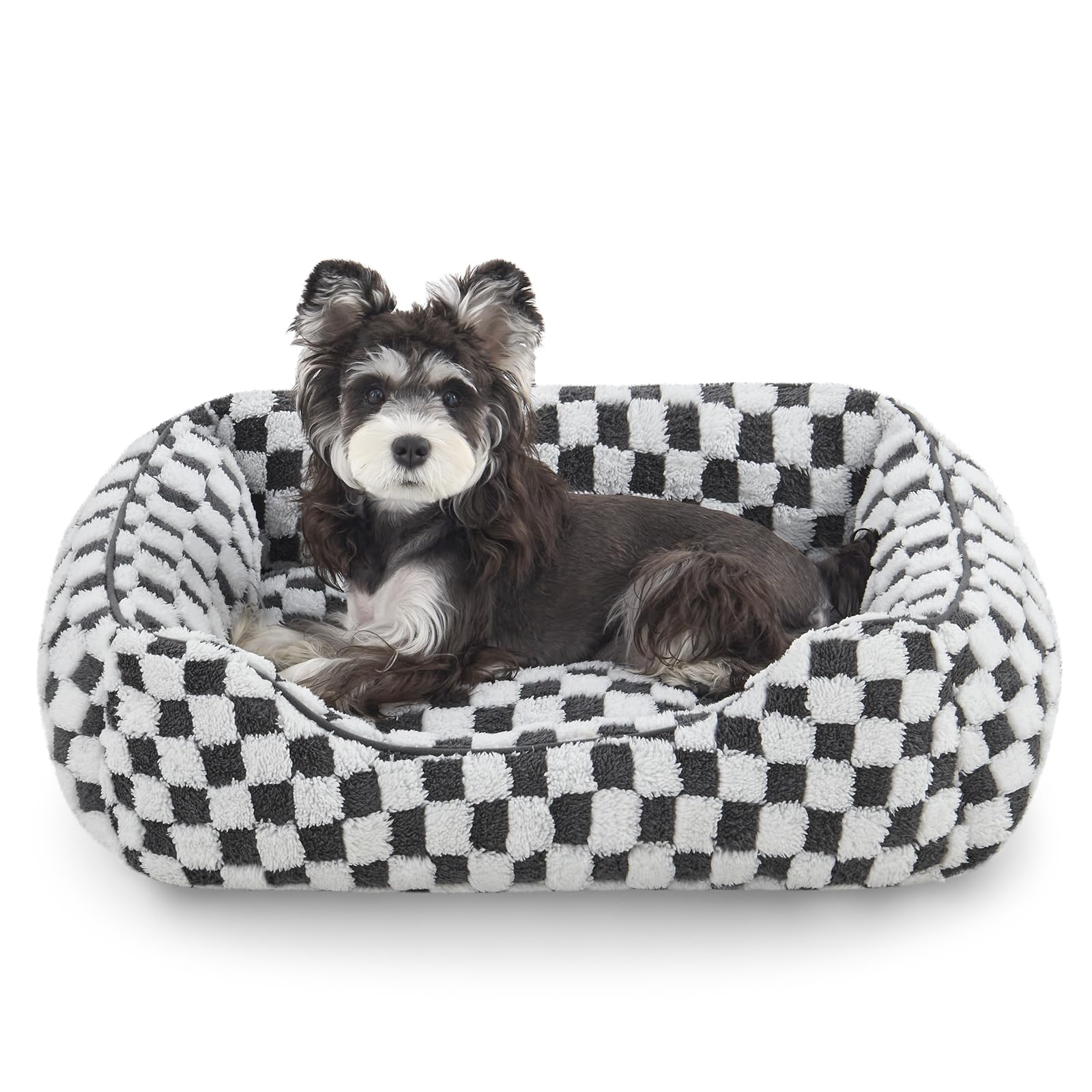 JOEJOY Dog Beds for Small Dogs -Cute Cat Beds for Indoor Cats Calming Pet Beds, Rectangle Orthopedic Cuddle Puppy Bed with Jacquard Shaggy Plush & Anti Slip Bottom, 20x19x6inches, Grey