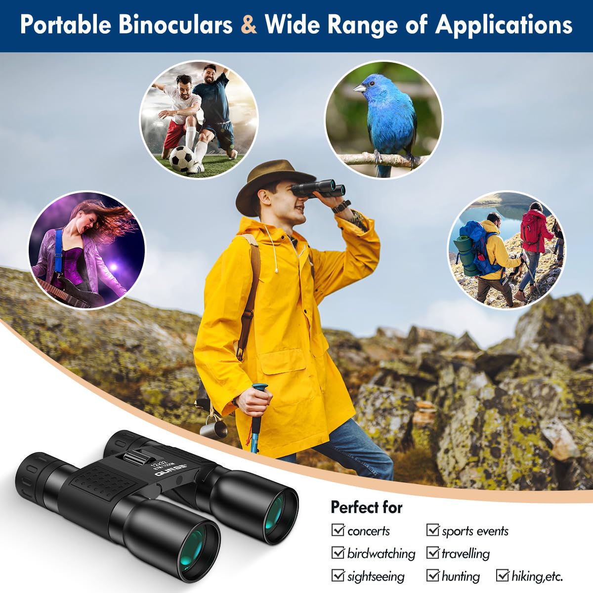 QUNSE 12x32 Binoculars Compact for Adults - High Powered Binoculars for Bird Watching Travel Spectator Sport Fishing Golf