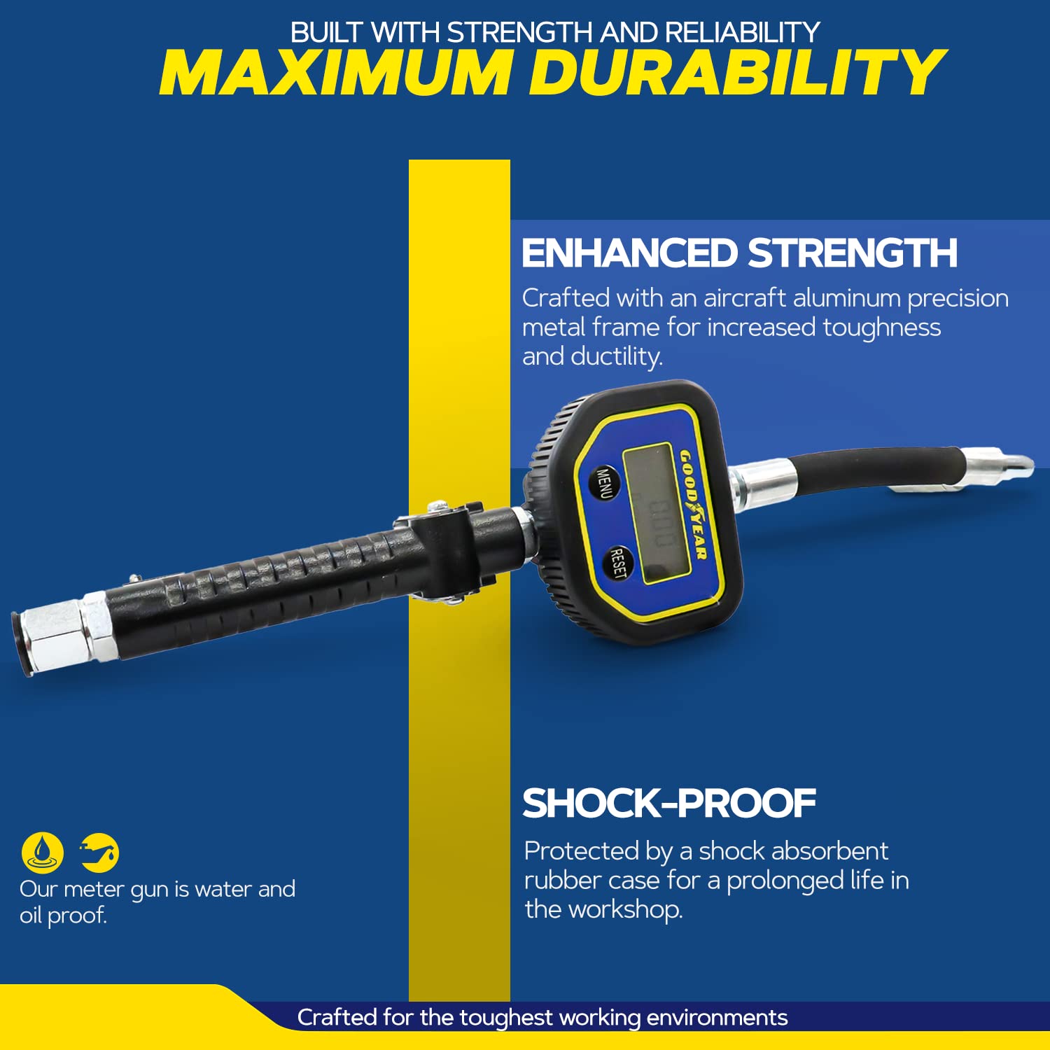 GOODYEAR Digital Oil Control Valve Meter Nozzle 10 GPM / 35 LPM Heavy Duty Air Operated Pneumatic 1/2" inch NPT Inlet Pressure Range 7-1500 Psi 5-100 Bar with Flexible Spout (Not for Gasoline)