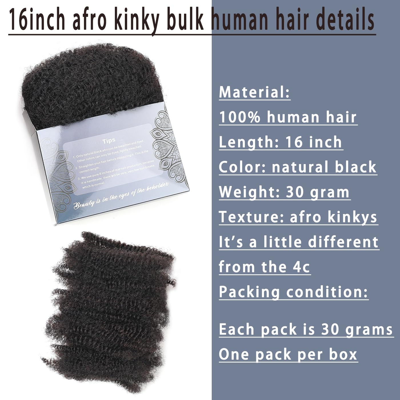 YuDragonFt Afro Kinkys Bulk Human Hair 16 Inch 30g/Bundle Black 16 Inch Afro Kinky Bulk 100% Human Hair Afro Kinky Hair Bleach Before Dyeing(30 Gram Each Package)