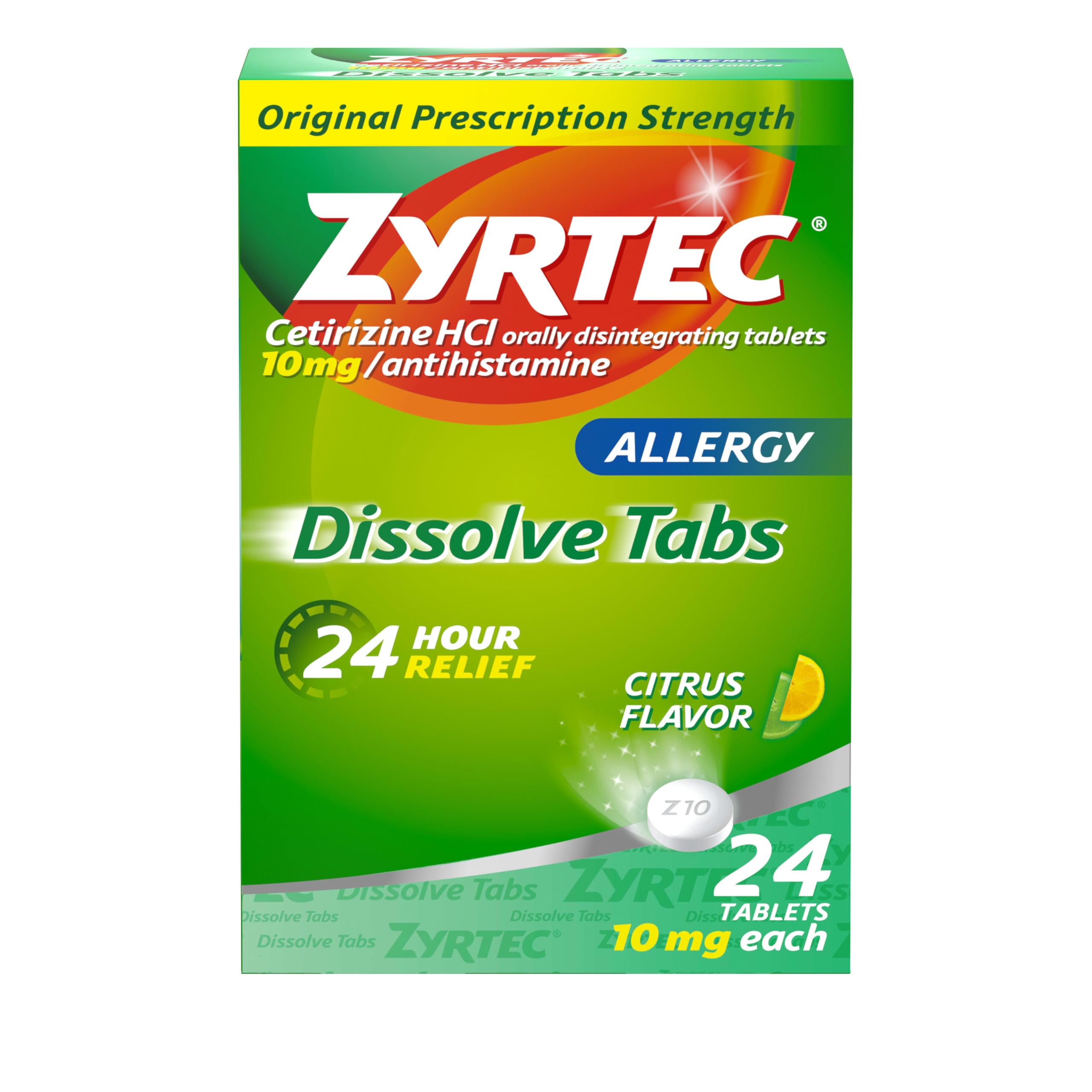 Zyrtec 24 Hour Allergy Relief Dissolving Tablets with 10 mg Cetirizine HCl Antihistamine, Allergy Medicine for Relief from Allergies Caused by Ragweed & Tree Pollen, Citrus Flavor, 24 ct