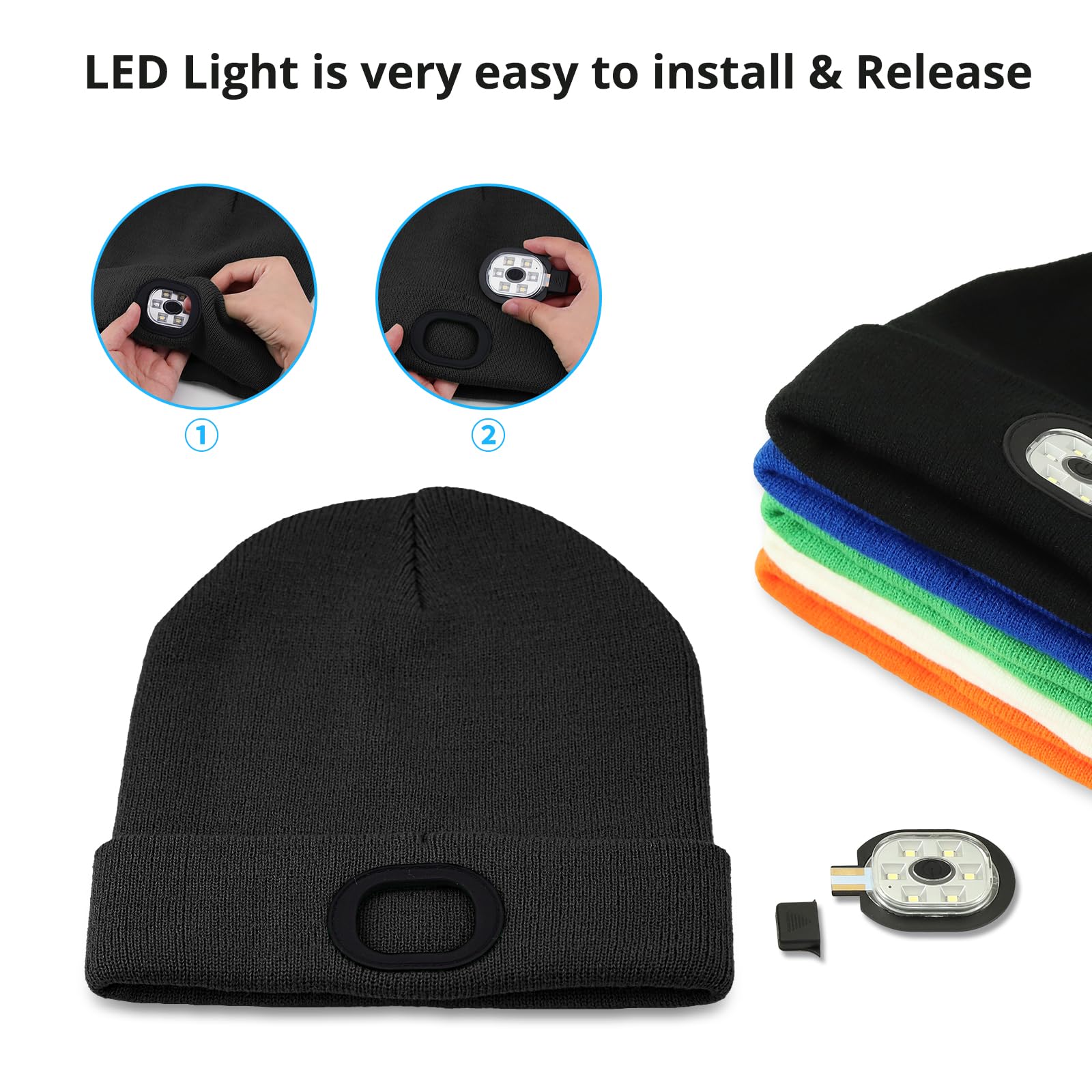 Beanie Hat Built-in Light Rechargeable LED Cap Soft Acrylic Knitted Winter Skullcap for Men Women Gift Black