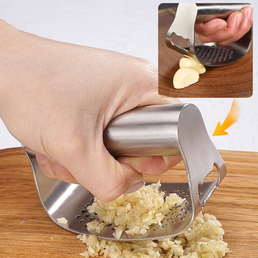 Stainless Steel Garlic Press,2024 Newest Garlic Press Stainless Steel Garlic Mincer Garlic Crusher with Peeler and Cleaning Brush,Handle Garlic Chopper for Smash Garlic Kitchen Tools (A)